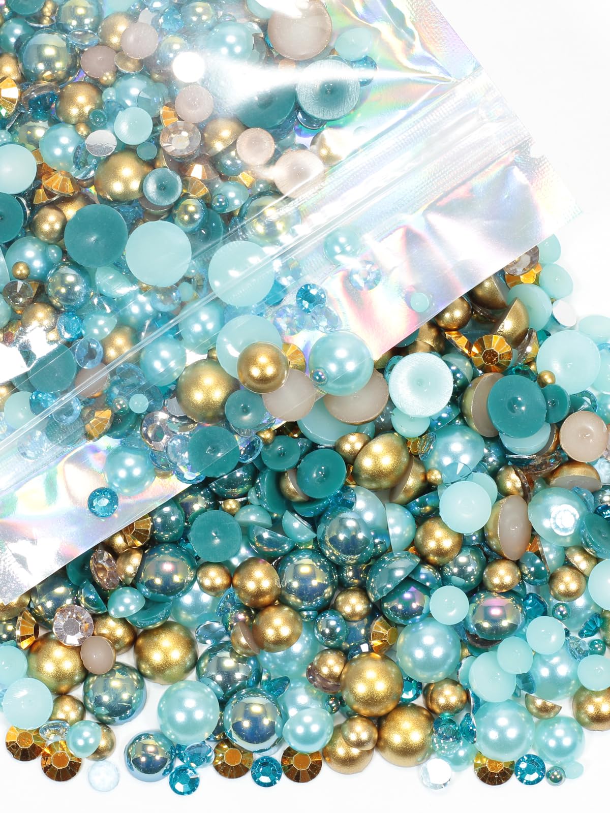 Rhinova 100g Mix Pearls and Rhinestones for Crafting, Sizes Range 3mm-10mm Pearl Beads for Bedazzler Rhinestones for Bedazzling Pearls for Crafting Sock Charms Nail Shoe Mugs (Regal Turquoise Mix)