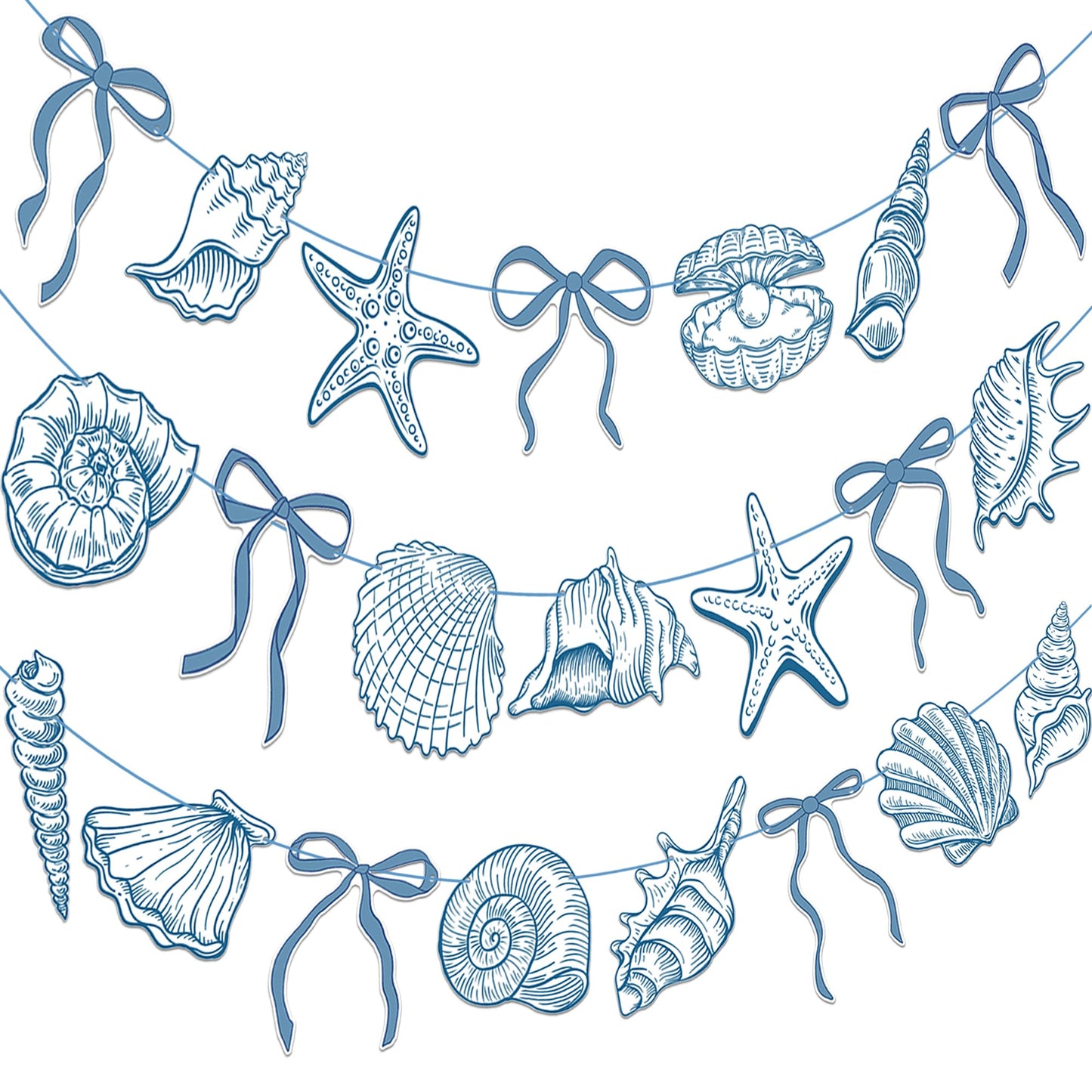 Summer Coastal Beach Party Supplies 3PCS Blue Bow Starfish and Seashell Banners Nautical Party Decor Sea Starfish Seashell Cutout Banner for Baby Shower Wedding Bachelorette Birthday Decorations