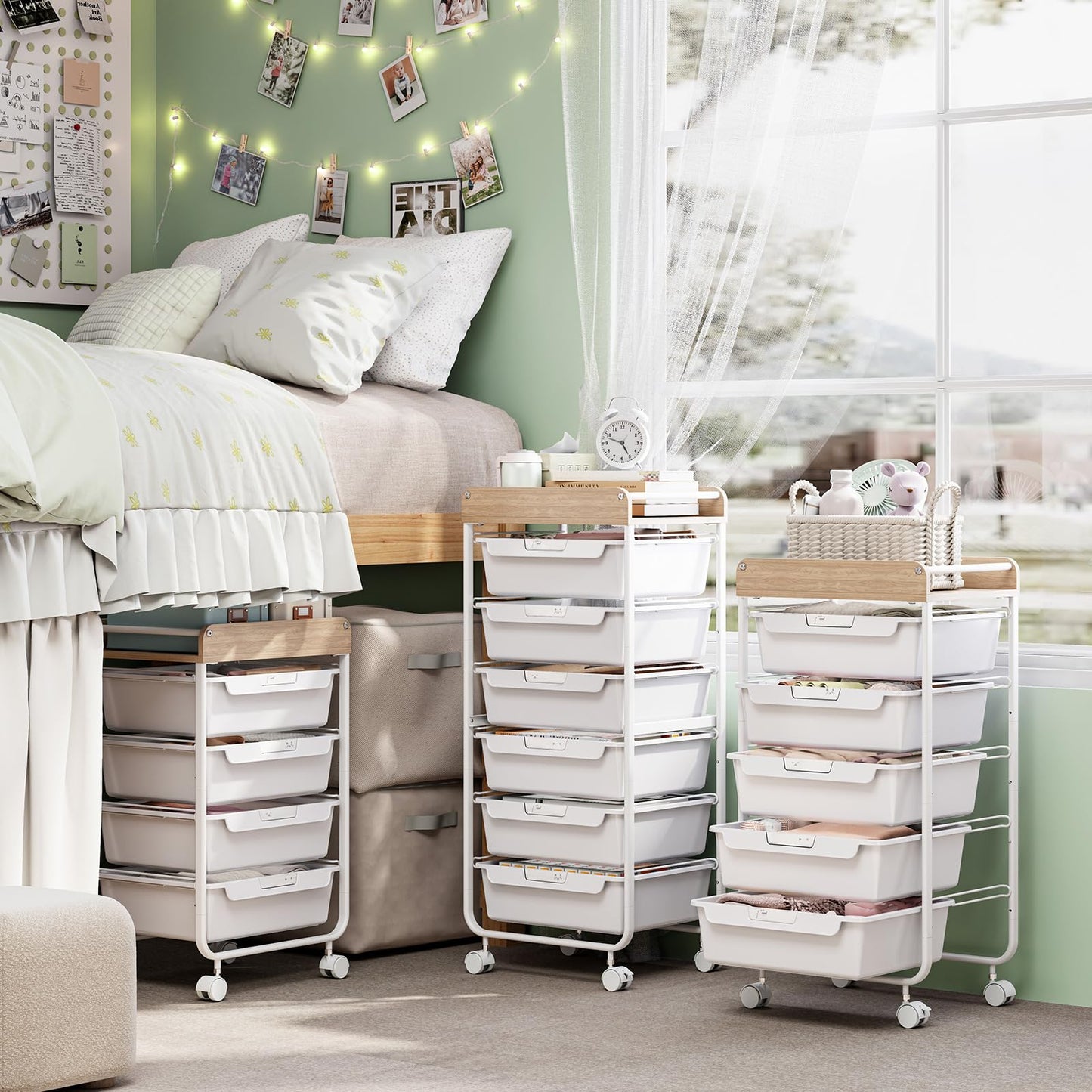 Rolling Craft Storage Cart with 4 Drawers,Utility Cart with Drawers,Art Craft Organizers and Storage,Kids Craft Cart,Kids Art Cart With DIY Lable and Wooden Tabletop Area,White
