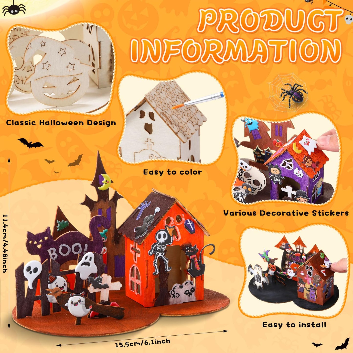Poen 4 Set 3D Wooden Halloween Haunted House Crafts Kit DIY Wood Ghost House Puzzles Set with Paints Brushes Stickers for Halloween Home Table Decoration Party Gifts Supplies Indoor Decor