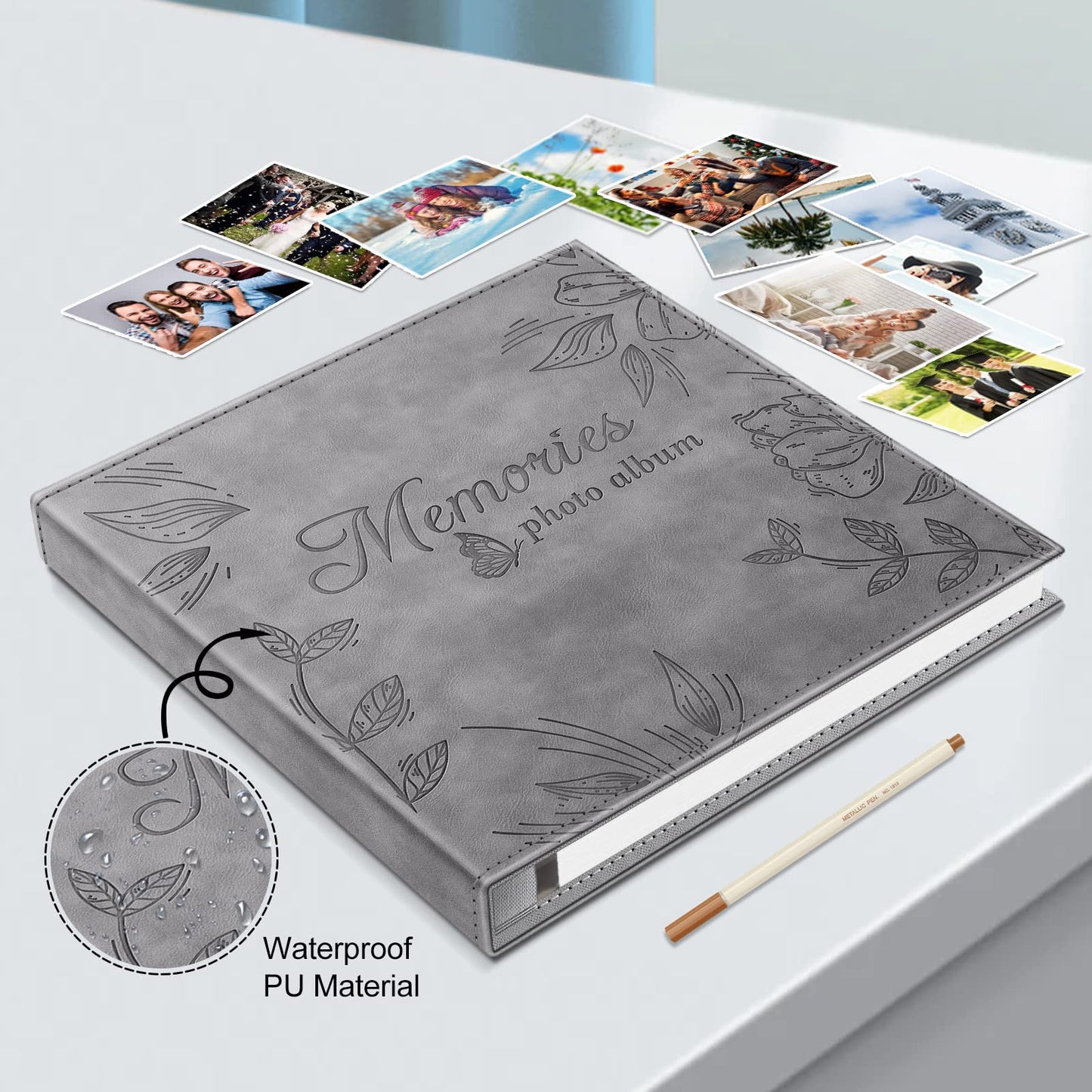 Fintie Photo Album Self Adhesive for 3x5 4x6 5x7 6x8 8x10 Pictures, 60 Sticky Pages DIY Photo Album with A Metallic Pen, Scrapbook Book for Family Wedding Anniversary Pictures, Gray
