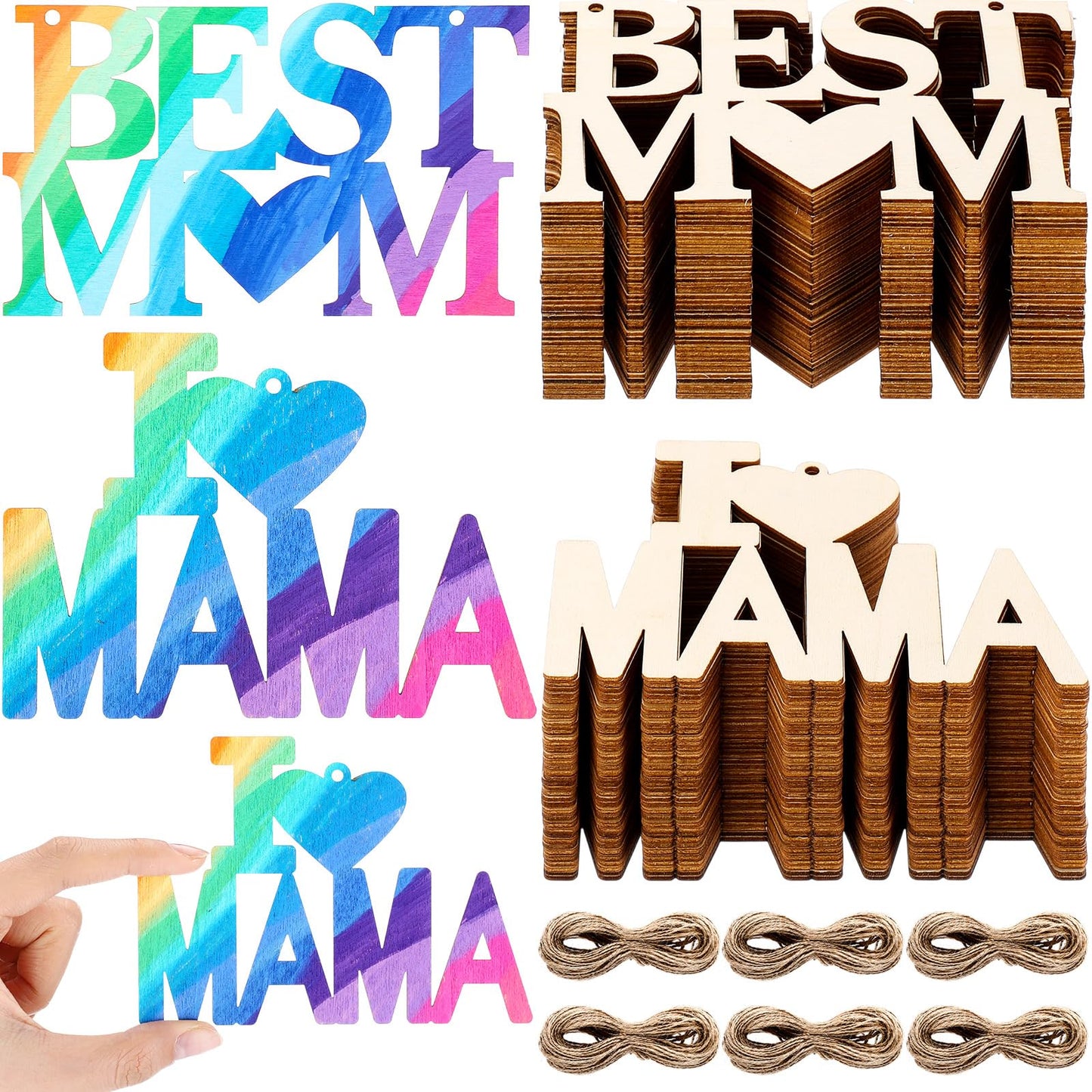 Gerrii 80 Pcs 4.7 Inch Mother's Day Unfinished Wood Crafts for Kids Painting DIY Best Mom Cutouts to Paint Hanging Wooden Letters Ornaments for Mother's Day Gifts Bulk Birthday Party Decorations