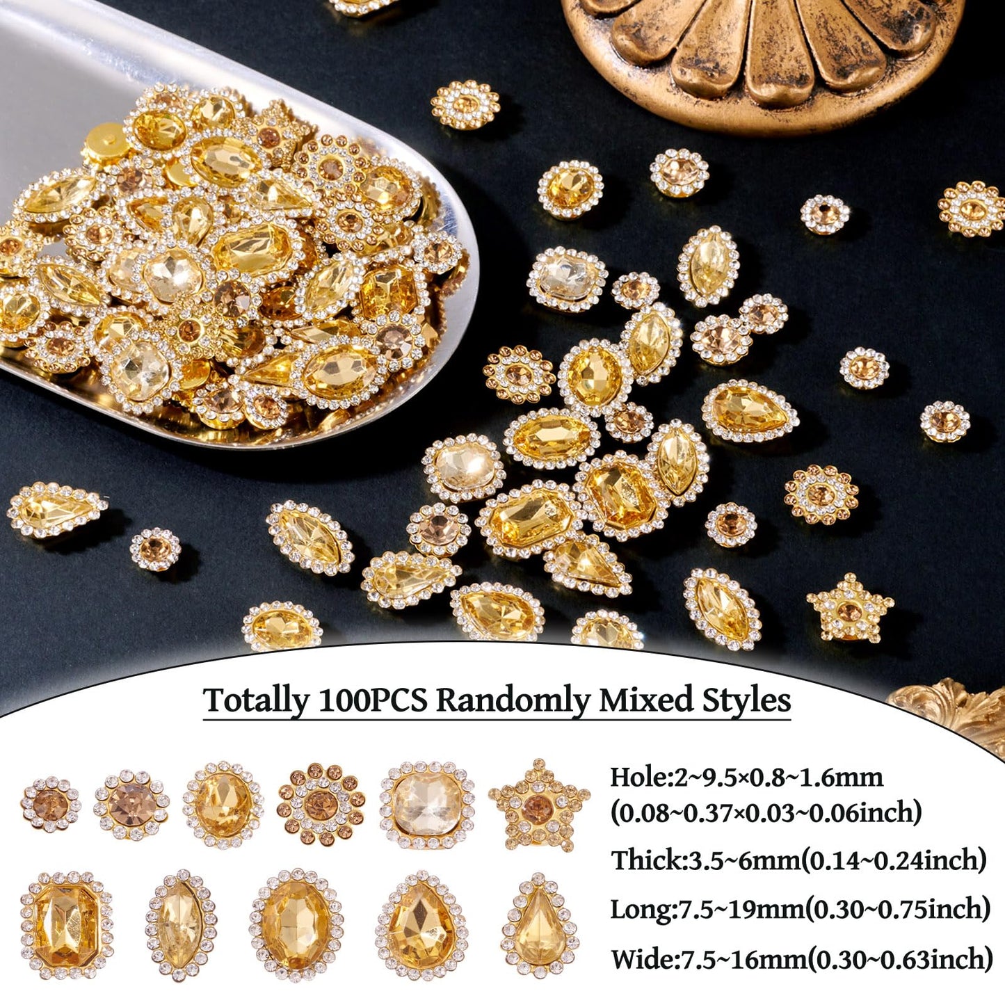 FASHEWELRY 100Pcs Sew on Rhinestones Mixed Shapes Big Rhinestones Bedazzling Flatback Sew on Crystal Gems with Metal Base for DIY Costumes Embellishments (Golden)