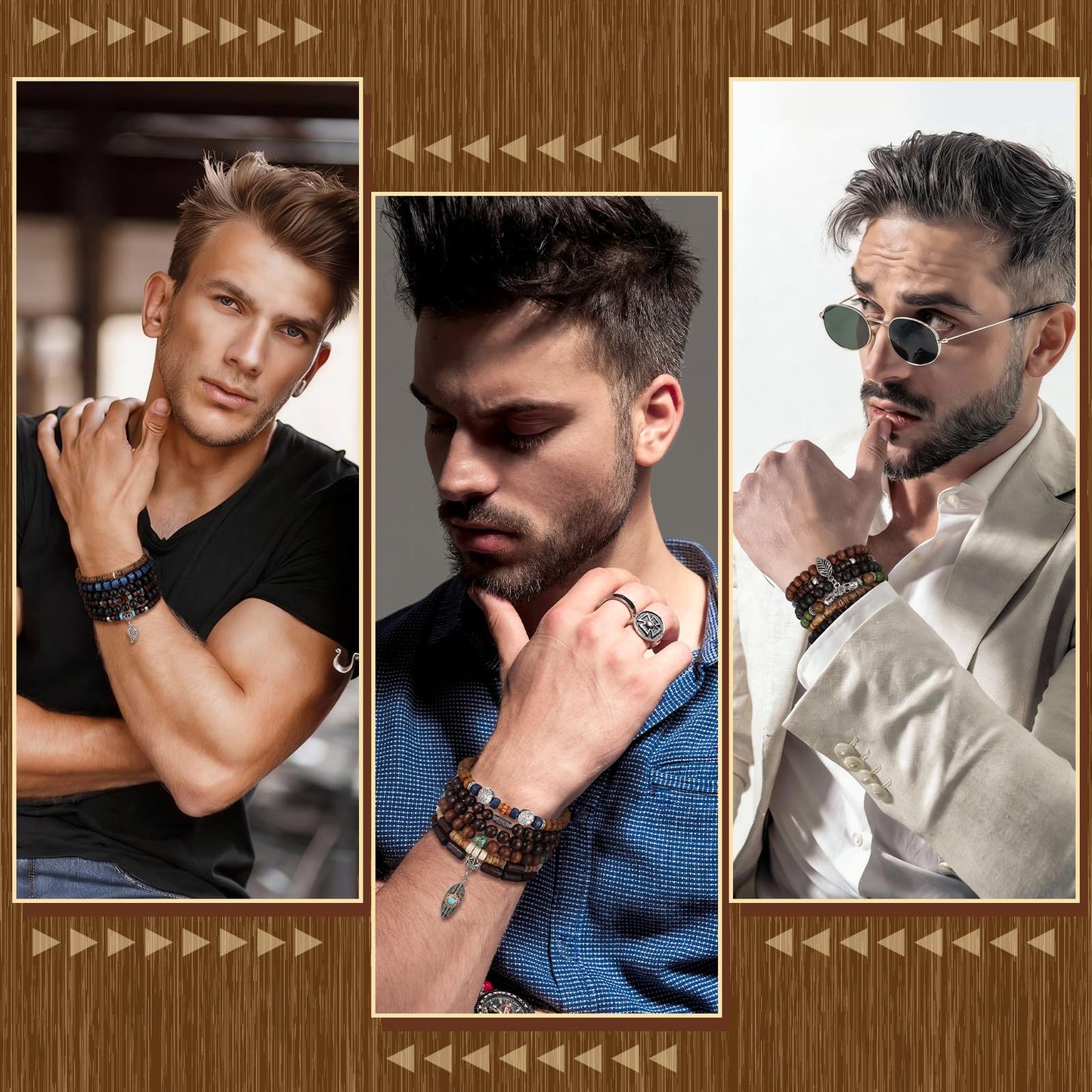 Tondiamo 48 Pcs Punk Wooden Beads Bracelets Gothic Bracelet for Men Adjustable Bulk Vintage Beaded Bracelet Metal Set Wood Bangles Wristbands Commemorative Gift
