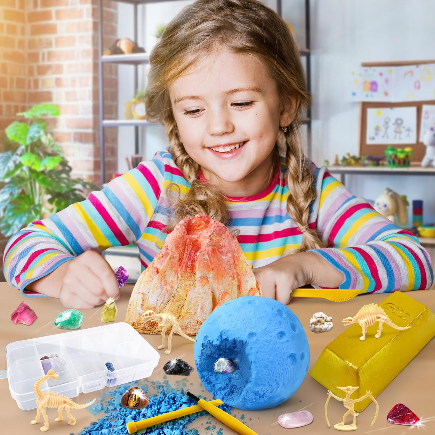UNGLINGA Gemstone Excavation Gem Rock Dig Science Experiments Kit for Kids, Excavate 15 Gems and 4 Plastic Dinosaur Fossil Skeletons, Christmas Birthday Toys Gifts Idea for Girls and Boys