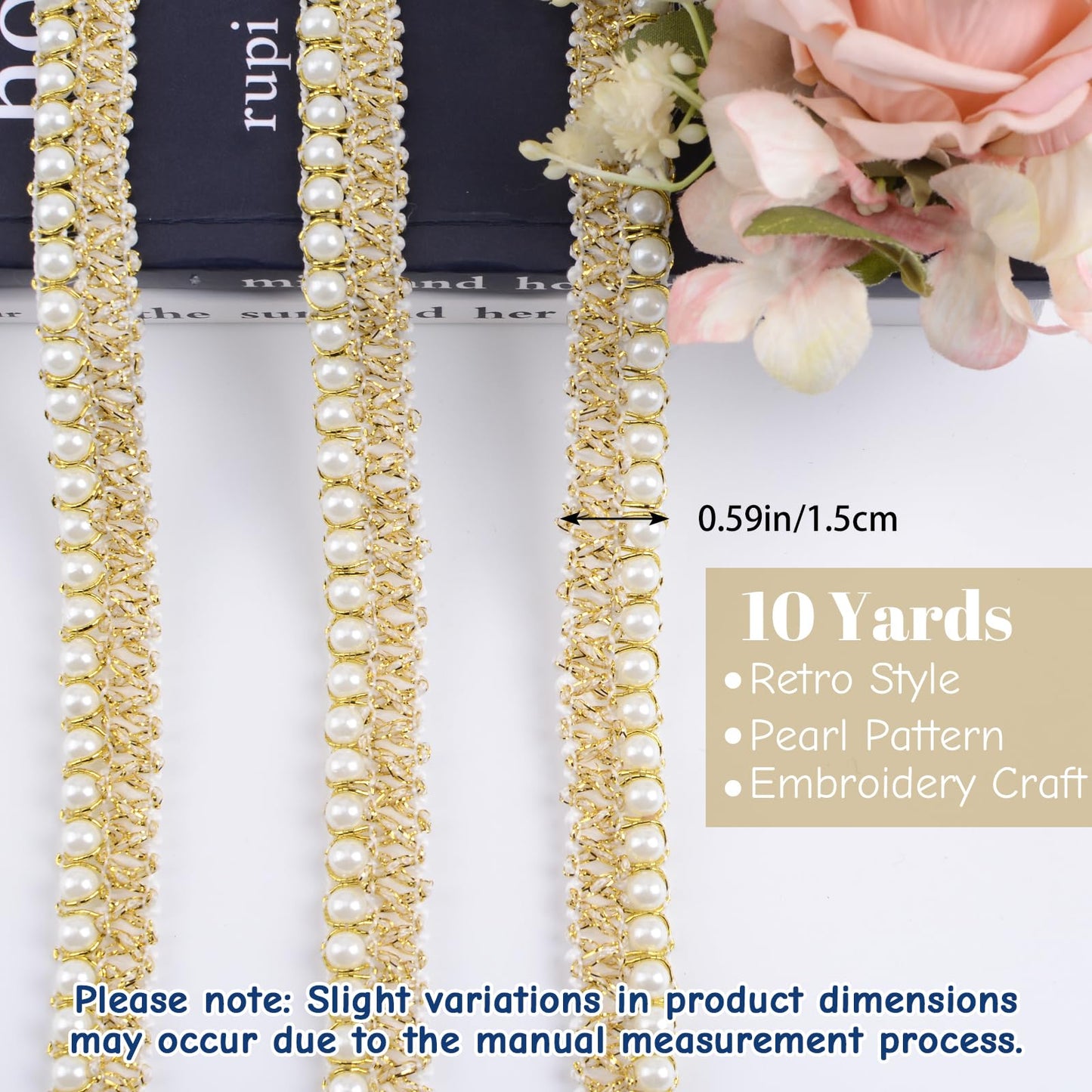 URROMA White Gold Pearl Trim - 10 Yards Beaded Lace Trimming Embroidery Embellishment Ribbon for Sewing Fabric, Garment Accessories, Dress Bag Decoration, Crafts DIY