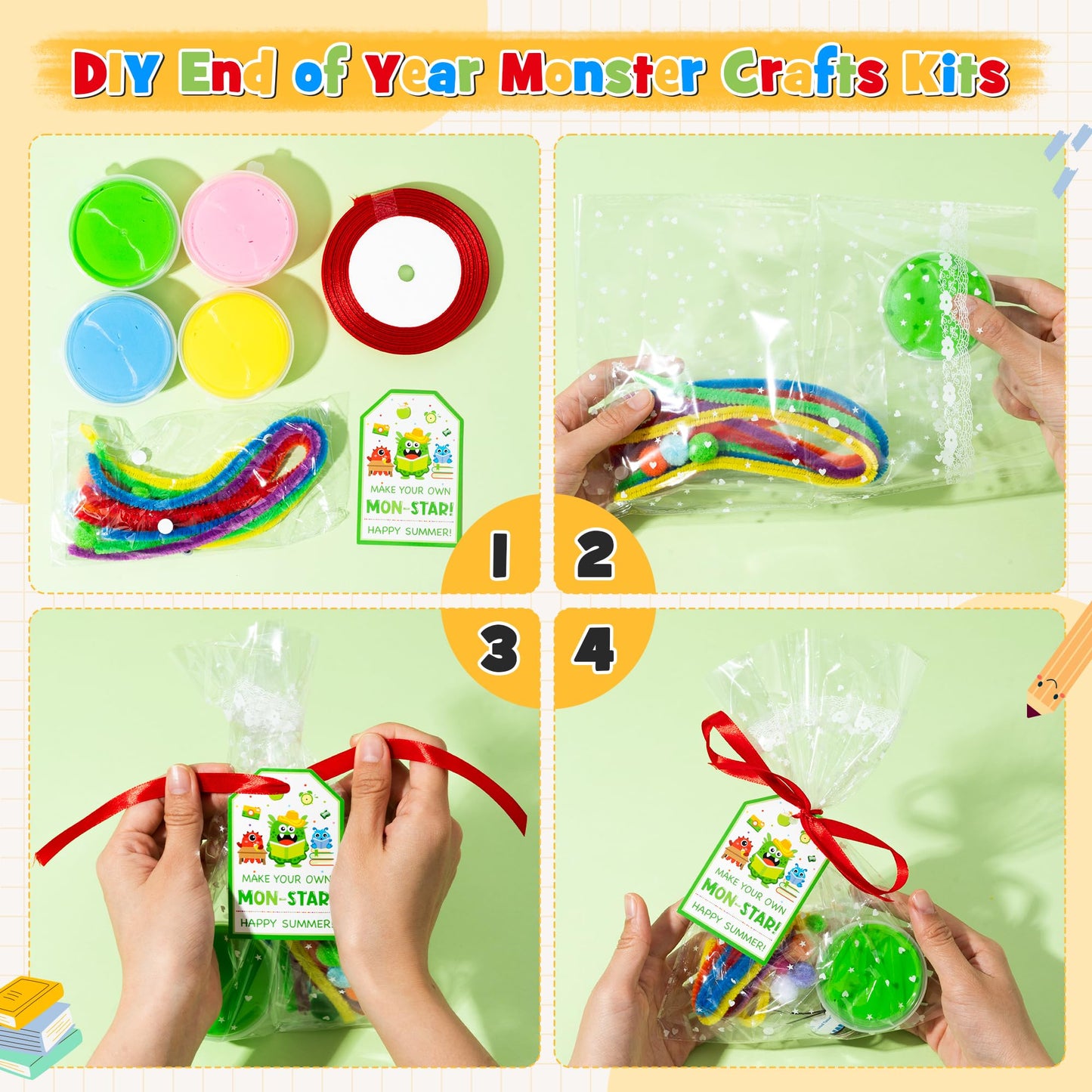 Haooryx End of Year Air Dry Clay Craft Kit - 16 Packs Cute Monster DIY Magnet Keychain Ornament Art Craft Bulk with Gift Bag for Classroom Exchange Gift Student Reward End of School Year Party Favors