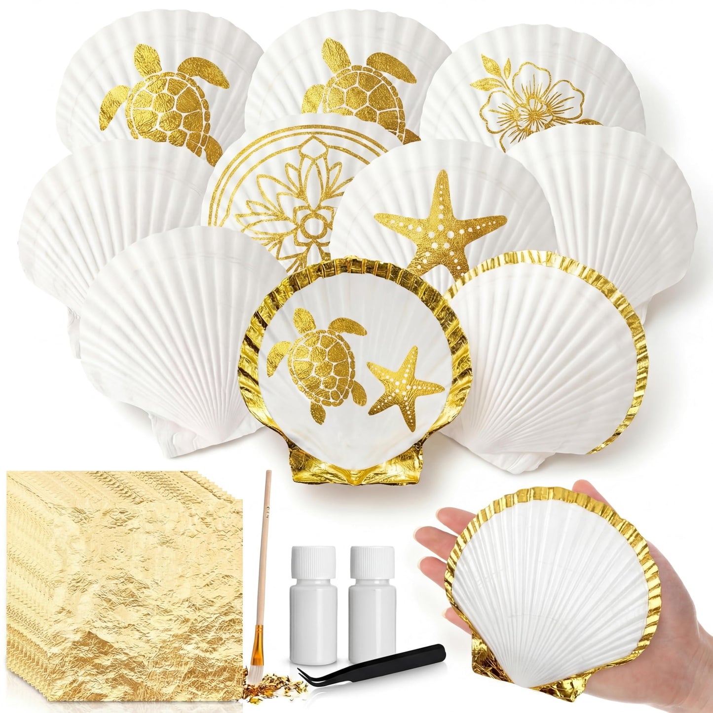 BreezeHug 10 Pcs Large Scallop Shells for Crafts 4-5 Inch White Seashells Bulk for Gold Leaf Crafts DIY Painting Baking Ocean Themed Party Supplies & Decorations with Adhesive Brush Tweezers