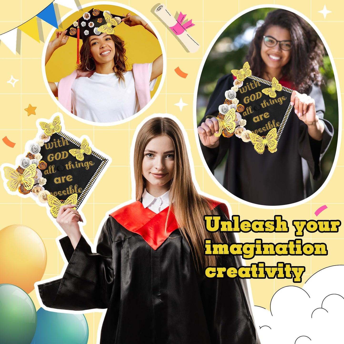Feifeiya 44 Pcs DIY Graduation Cap Decoration Accessory Kit Faux Paper Flower Head Graduation Quote Glitter Sticker 3D Butterfly Pearl Rhinestone Sticker for Grad Cap Topper Gift(Gold)