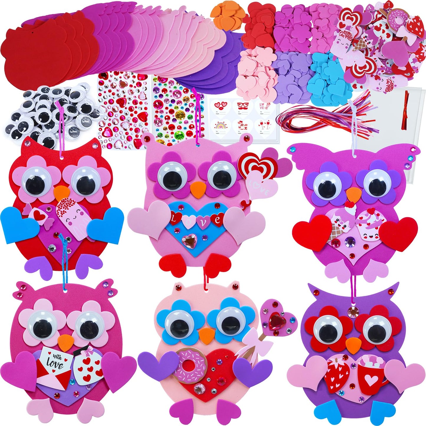 Winlyn 24 Sets Valentine's Day Craft Kits Heart Crafts DIY Owl Ornaments Decorations Art Sets Foam Owl Heart Stickers for Kids Party Classroom Activities Gift Exchange