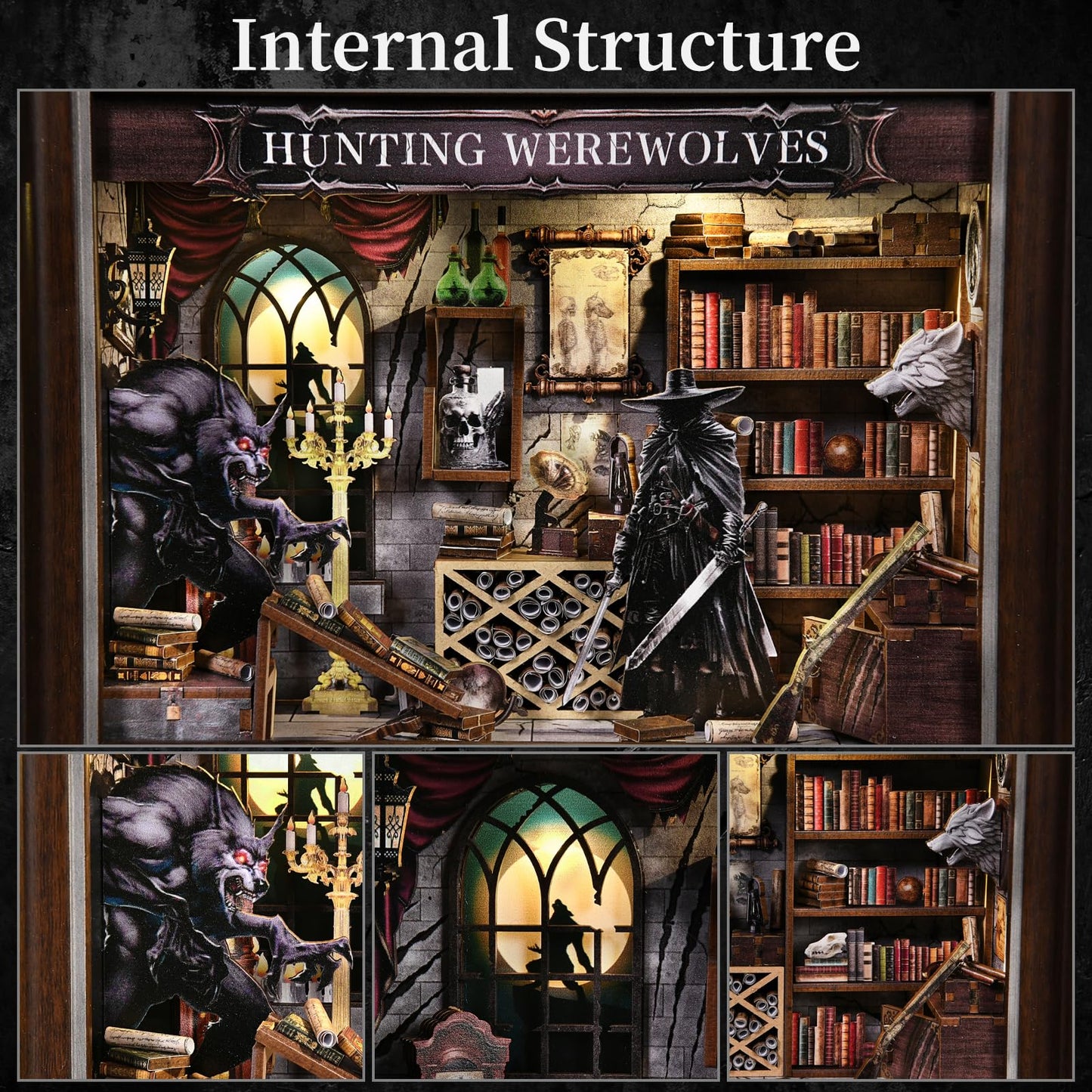 ETKVR Book Nook Kit, Picture Frame Booknook, Wall Mounted Miniature Dollhouse Kit, DIY 3D Wooden Puzzle for Home Bookshelf Decoration - Witcher Hunting Werewolves