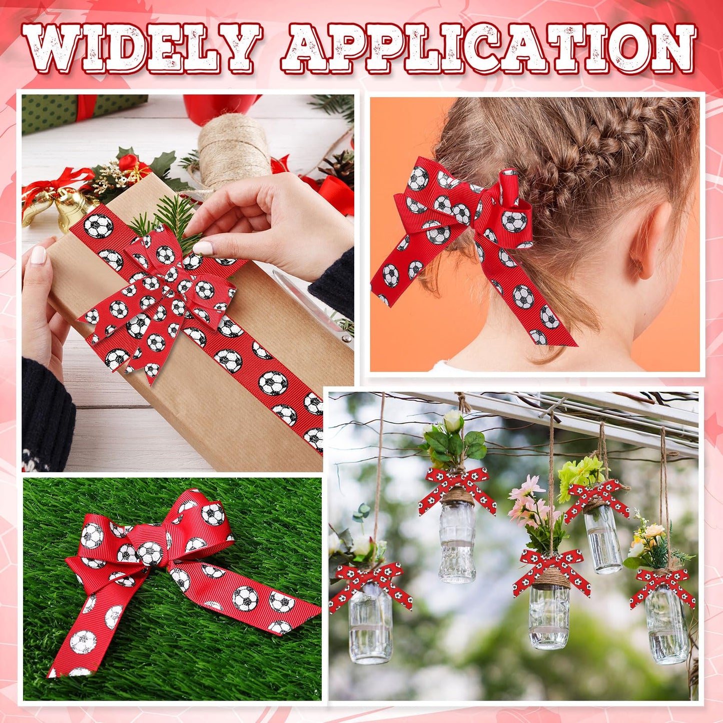 ROCEEI 10 Yards Soccer Ribbon Glitter Soccers Pattern 7/8 Inch Craft Grosgrain Ribbon Party Decorations for Gift Package Wrapping, Floral Design, DIY Hair Bow, Crafting(Red)