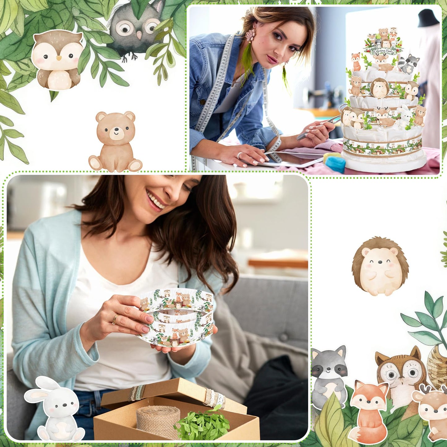MotiMind Woodland Baby Shower Decorations DIY Diaper Cake Kit with Neutral Forest Animal Burlap Sage Green Leaf Ribbon Leaves Welcome Baby Gender Reveal Party Decor Mommy Gift(Card)