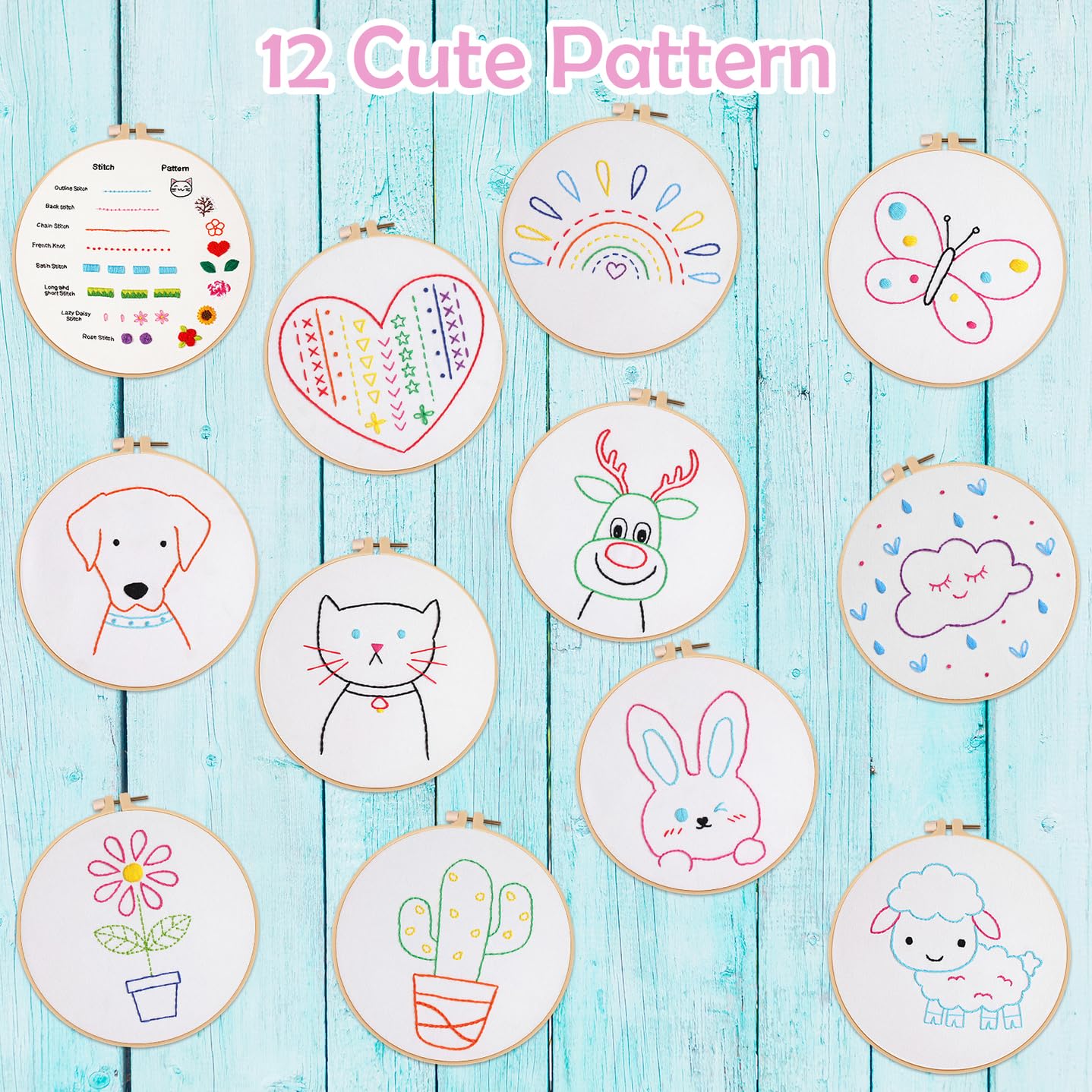 Louise Maelys 12 Pre-Stamped Embroidery Kits for Beginners, Cross Stitch for Kids Girls,DIY Needlepoint Craft Sewing,Practice Kit Supplies,Funny Cute Pattern,Perfect for Ages 8-12