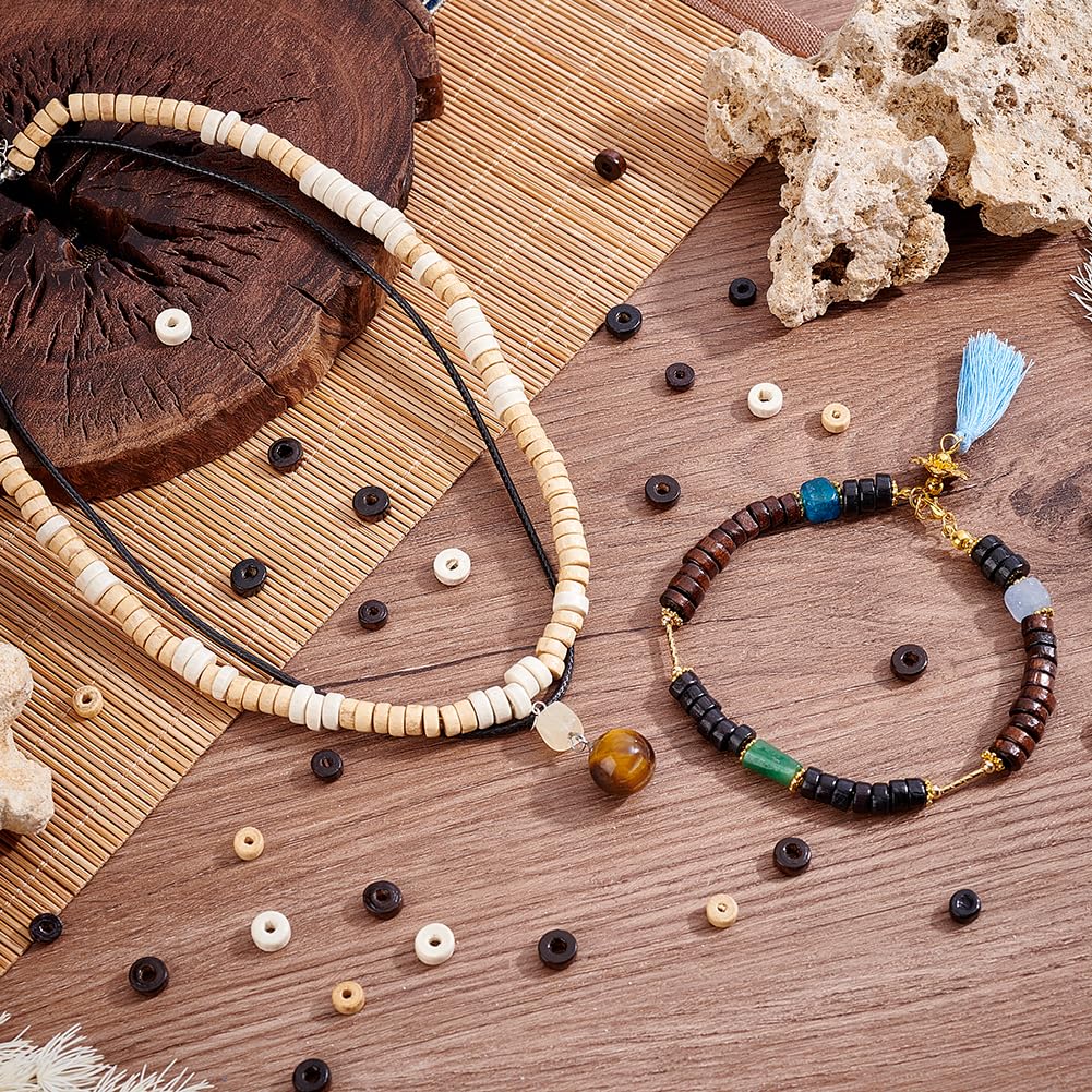 PH PandaHall 2400pcs Flat Round Wood Beads 3 Colors Wood Coin Beads Yellow/Brown/Black Wooden Loose Spacer Bead Unfinished Disc for Jewelry Necklace Bracelet Craft Making Home Macrame, 8mm/6mm