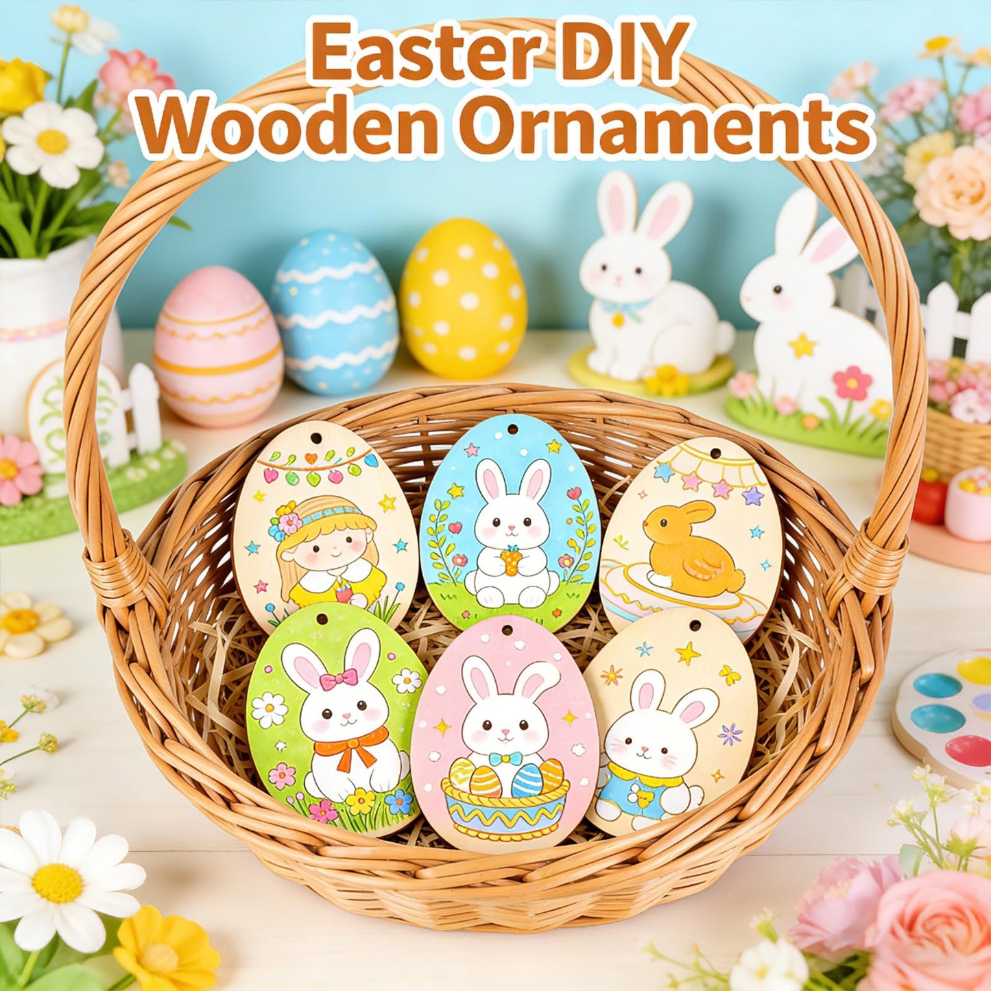 Mother's Day Egg Wood Painting Kit, 36 Unfinished Blank Wooden Eggs with Hanging Ropes, DIY Spring Crafts and Family Activities, Easter Tree Ornaments, Home Holiday Decorations and Party Supplies