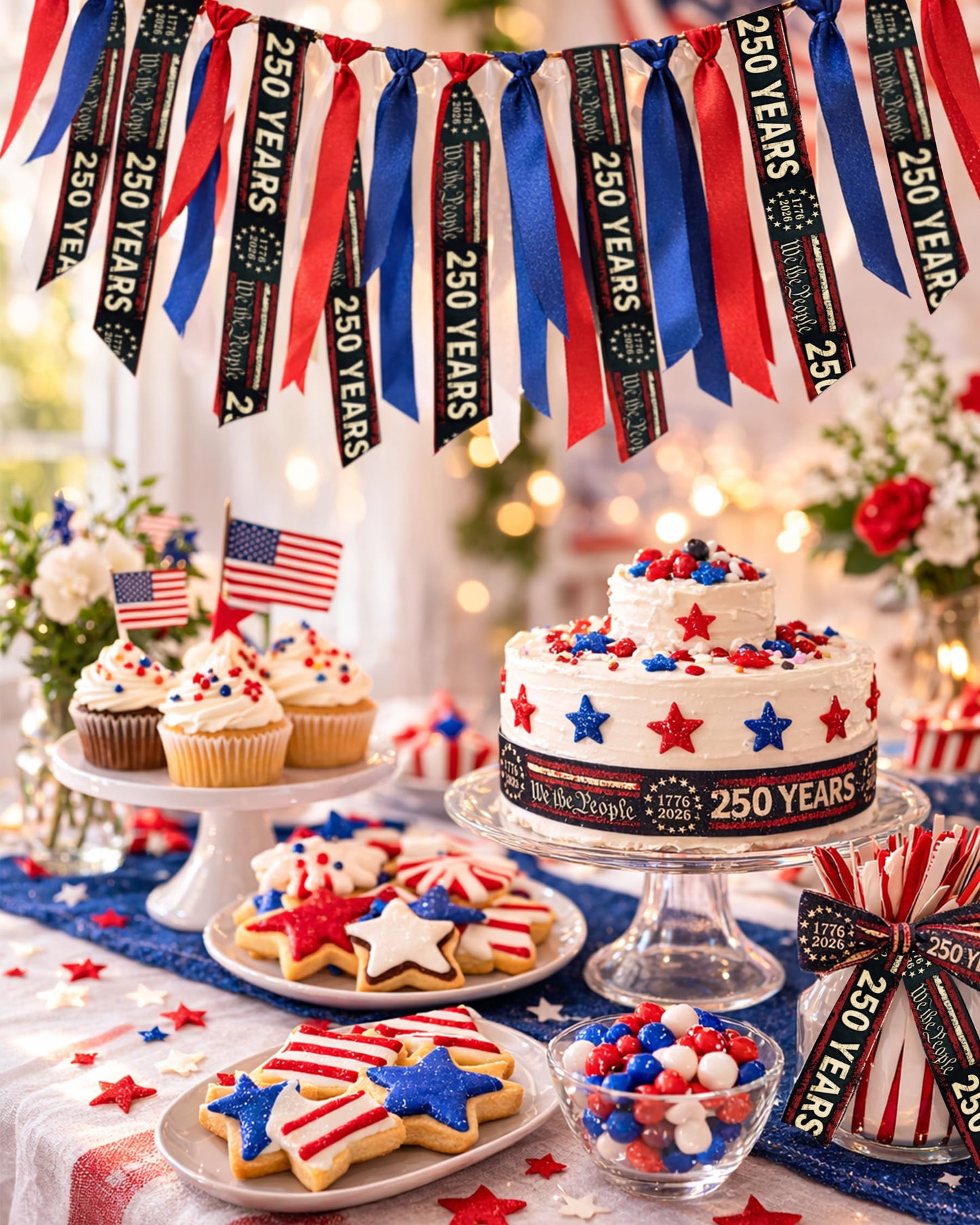 Gleamagic 25 Yards Patriotic Ribbon 1 Inch - America 250th Anniversary Non-Wired Satin Ribbon with We The People Print, Soft Fabric for Hair Bows, Gift Wrapping, Veterans Day & July 4th Party Supplies