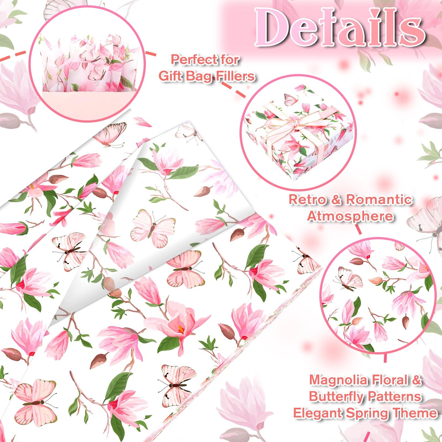 100 Sheets Watercolor Magnolia Butterfly Tissue Paper, 20 x 14in Magnolia Blossom Printed Art Craft Tissue Paper for Mother's Day Wedding Birthday Bridal Shower Party Supplies