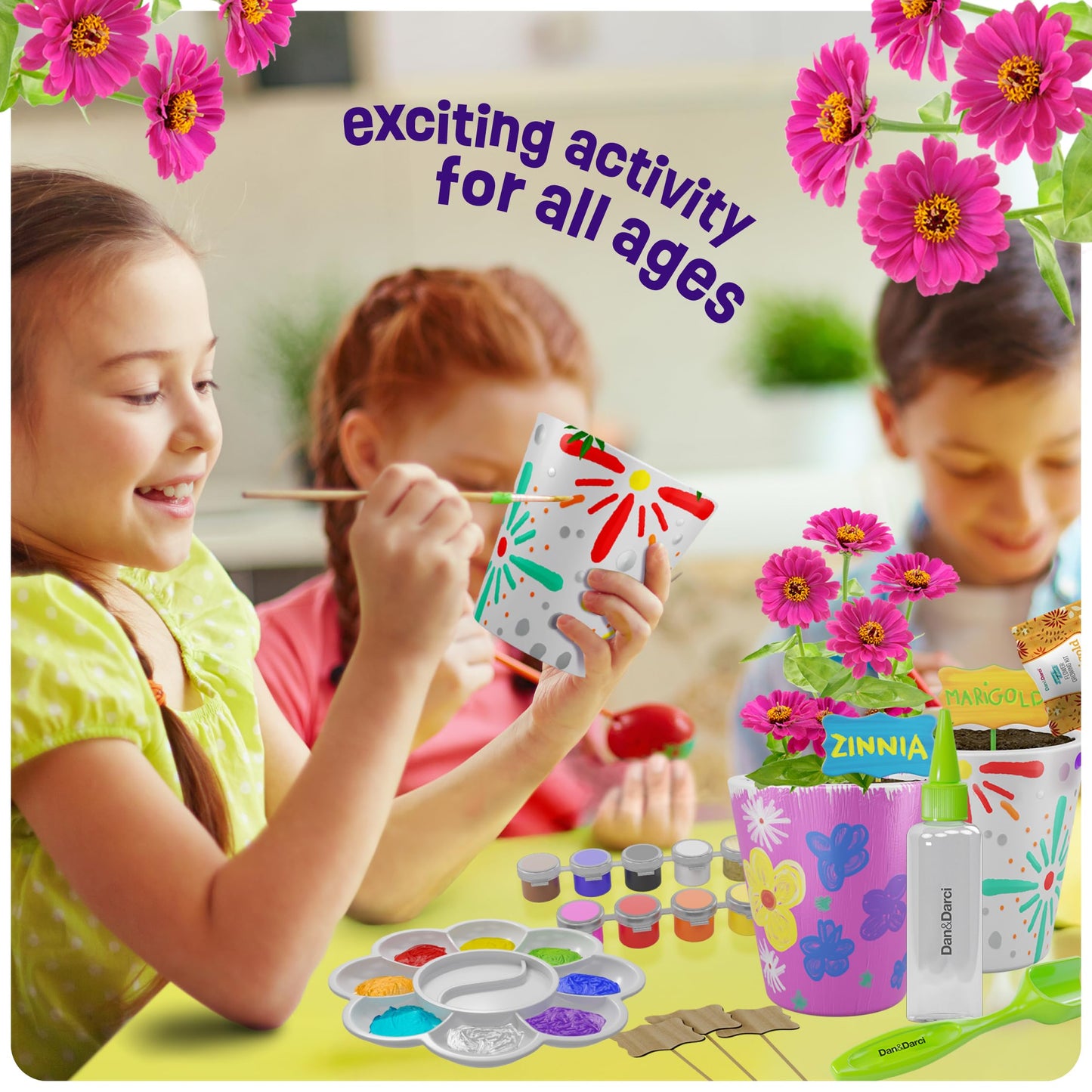 Dan&Darci Paint & Plant Flower Garden Kit for Kids — Stoneware Pots, Seeds & Paint Set — STEM Arts & Crafts Gift for Boys and Girls Ages 6–12