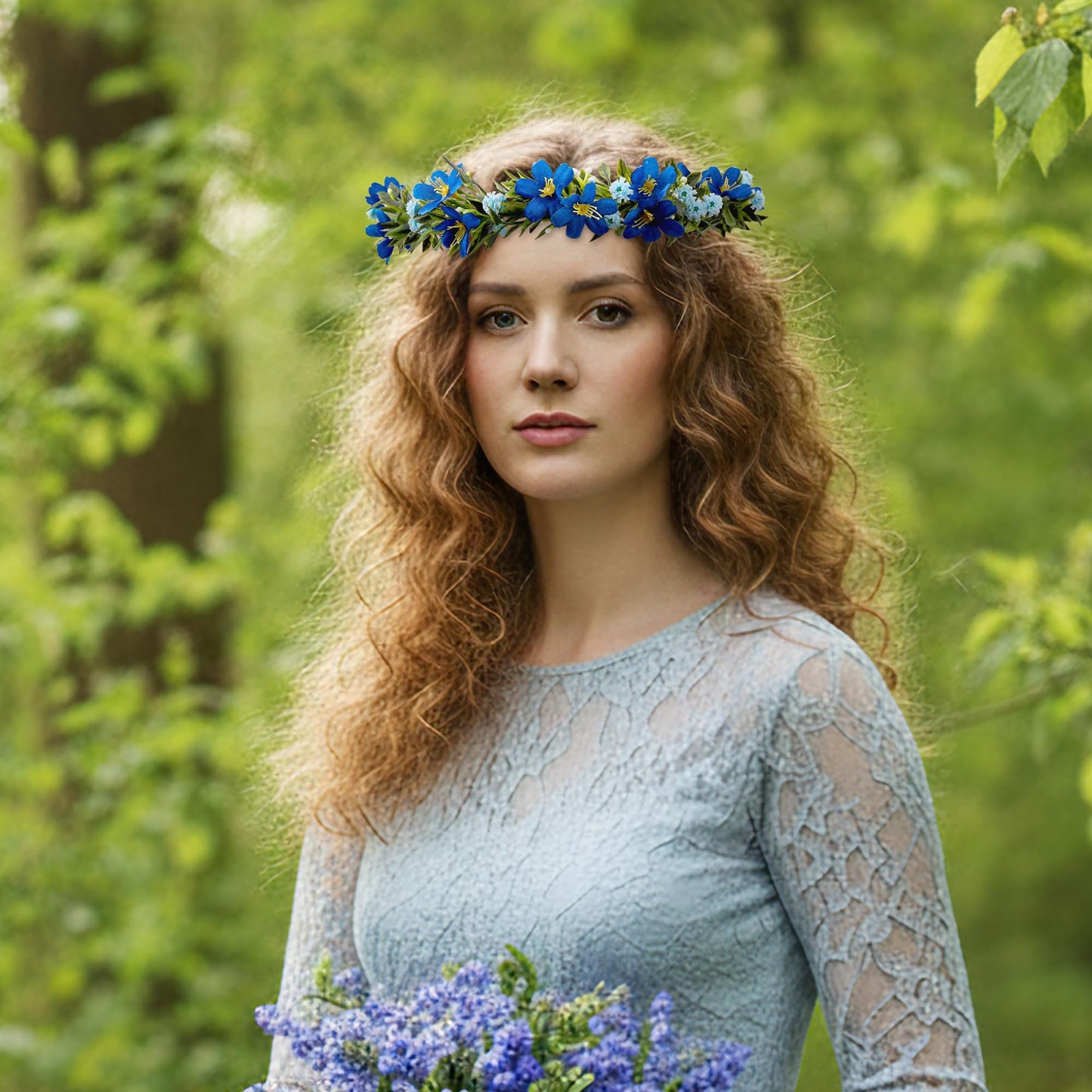 KorViSHOW Fairy Blue Flower Crown, Artificial Boho Floral Headpiece, Elf Forest Flower Headband with Ribbon for Women Girls Renaissance Faire Cosplay Birthday Wedding Festival Party Hair Accessory