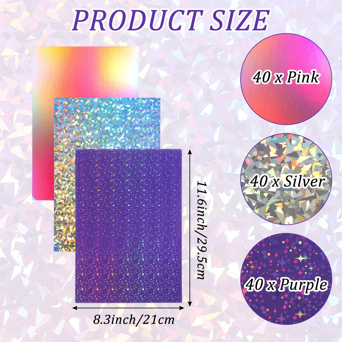 120 Sheets Metallic Holographic Card Stock Shiny Glitter Cardstock Iridescent Mirror Paper 8.3 x 11.6'' 250 GSM Thick Mixed Color Foil Paper for Scrapbook Letter Poster Craft (Colorful)