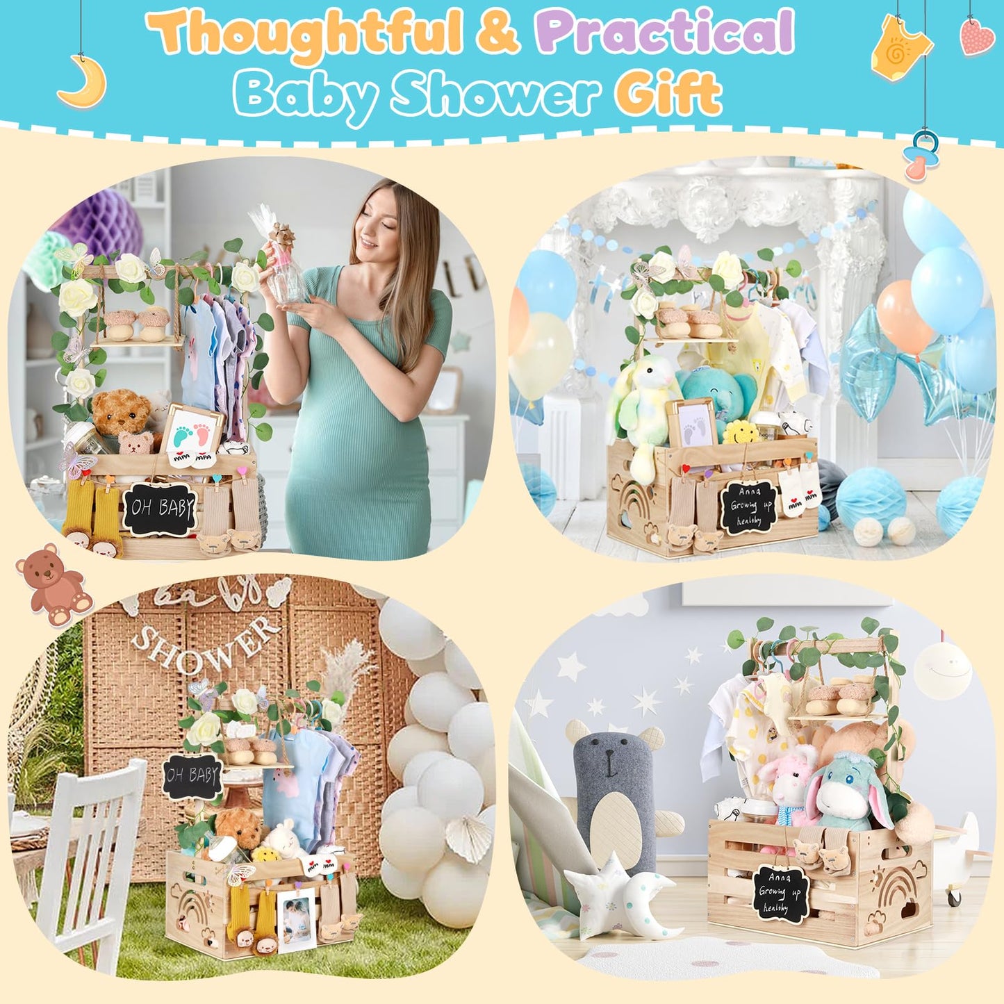 ELESTONE Wooden Baby Shower Crate Closet with Handle, Hangers & Garland, Large Capacity Baby Basket for Baby Shower, Customizable Wooden Crate Box Newborn Parents Welcome Gift (Natural Wood)
