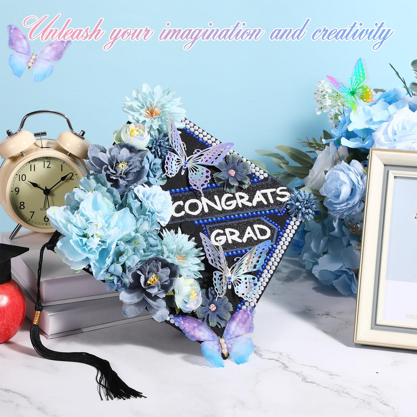 Lyrow 51 Pcs DIY Graduation Cap Decorations Kits Included Grad Cap Pens Faux Flowers Letter Number Stencils Rhinestones Stickers 3D Butterflies for Grad Hat Topper Decors Craft Art DIY(Dark Blue)