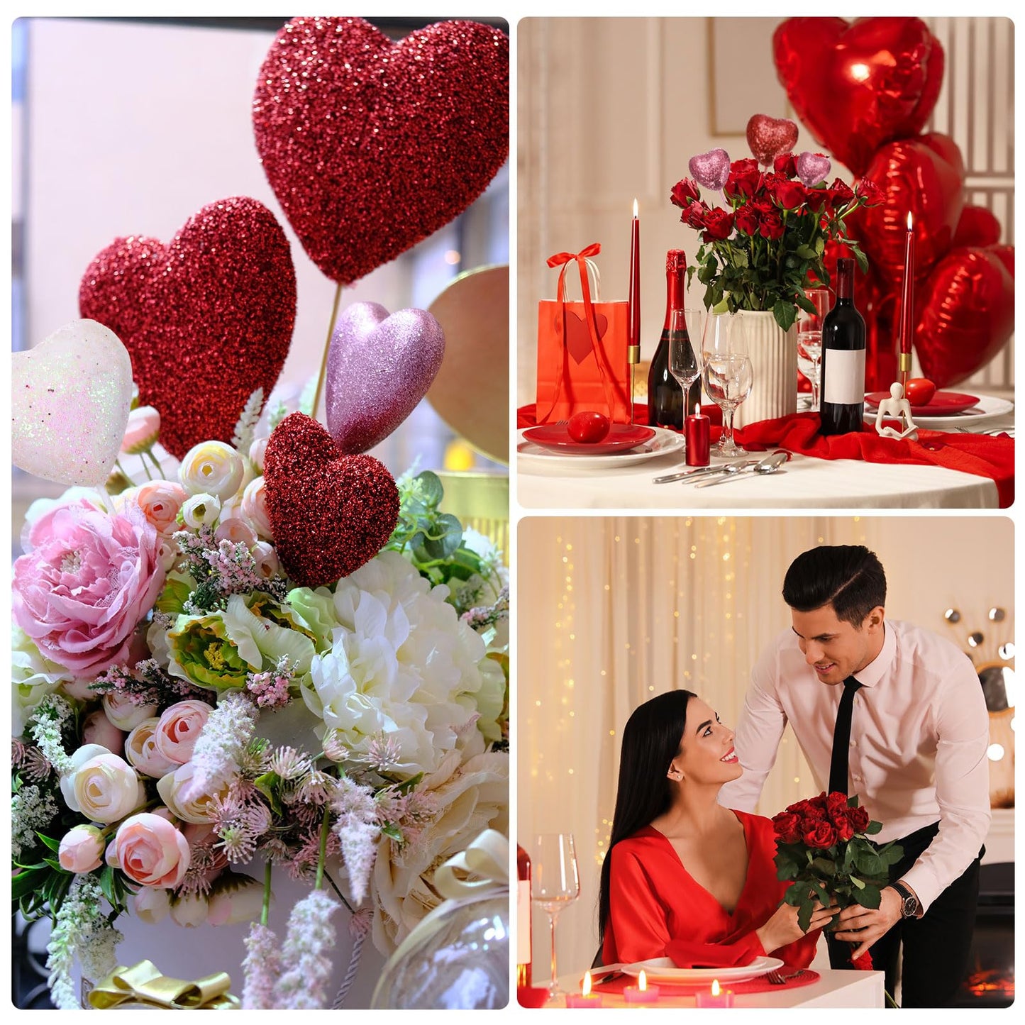 MECCANIXITY 12 Pcs Glitter Heart Shaped Picks Puffy Foam Hearts Floral Sparkly Stick for Valentine's Day Wedding Decor Home Vase Supplies Flower Arrangements Crafts (Red/Pink, 3cm x 21cm)