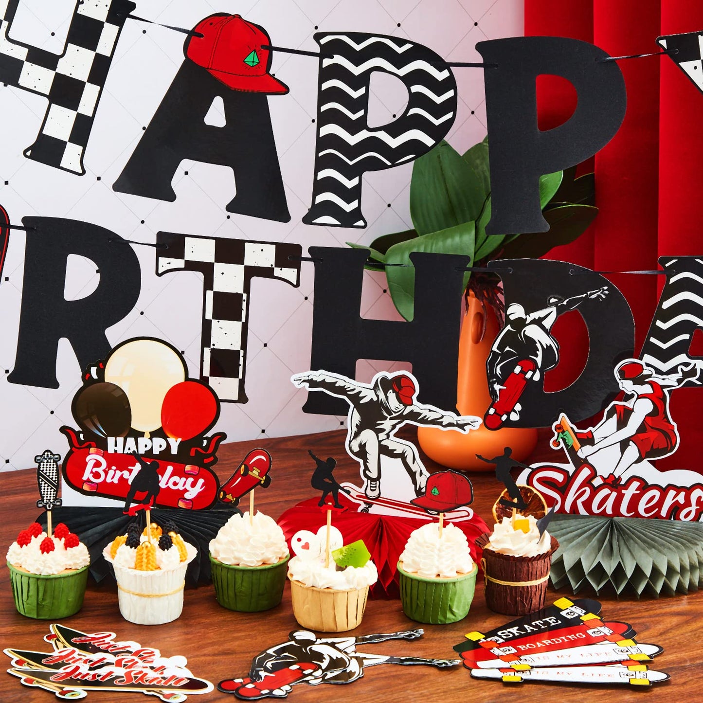 Outus 34 Pcs Skateboard Birthday Party Decorations Skater Party Supplies Skateboard Birthday Decorations Kit Banner Table Centerpieces Cupcake Topper Extreme Skateboarding Cool Decor for Skater Gifts