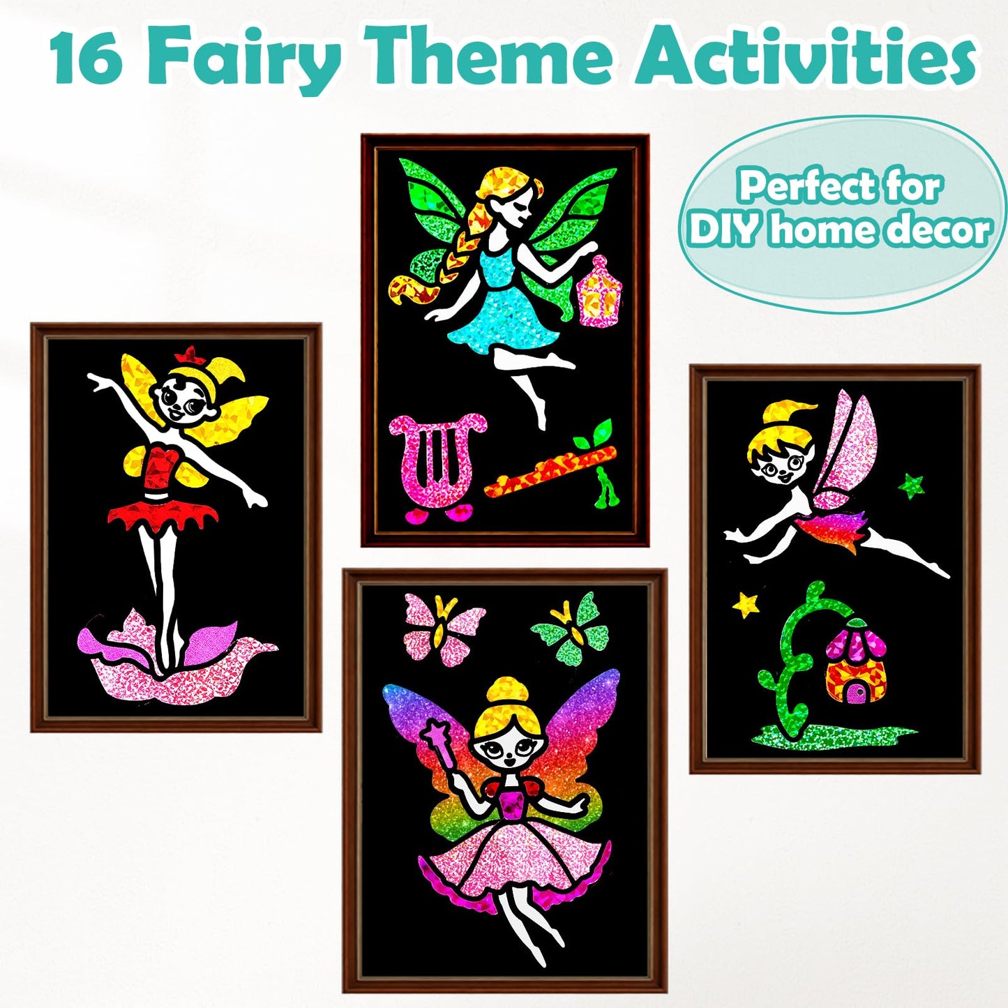 FUNNYB&G Foil Art Craft Kit for Girls 4-10 Years Old: Mess-Free & No-Glue, Create 16 Sparkly Fairy Pictures – Perfect Travel Toy & Birthday Gift for Kids（Fairy）