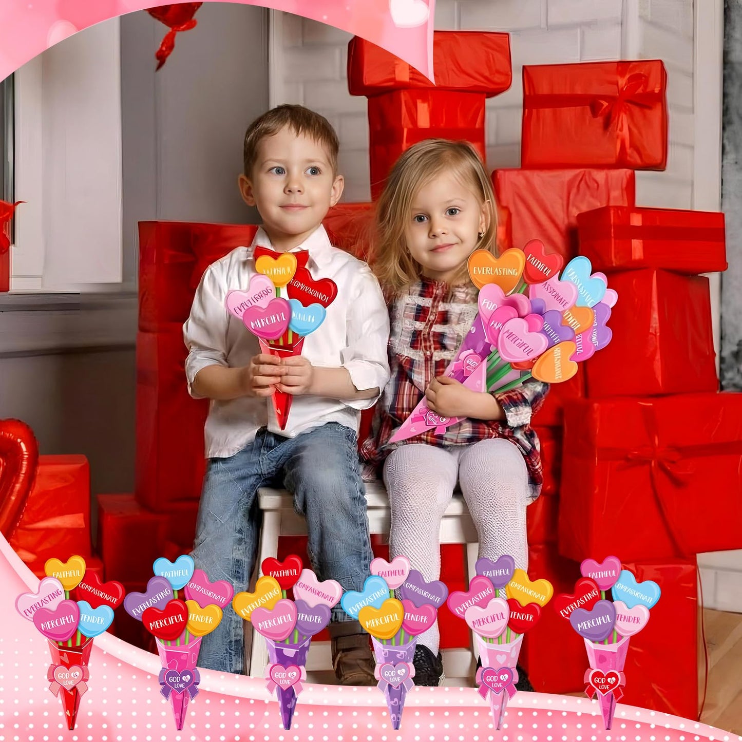 Funrous 48 Set Christian Mother's Day Crafts Kit Heart Sunday School Bible Flower Bouquet Making Kit DIY God is Love Flowers Paper Crafts for Religious Mother's Day Party Activity Gift Project