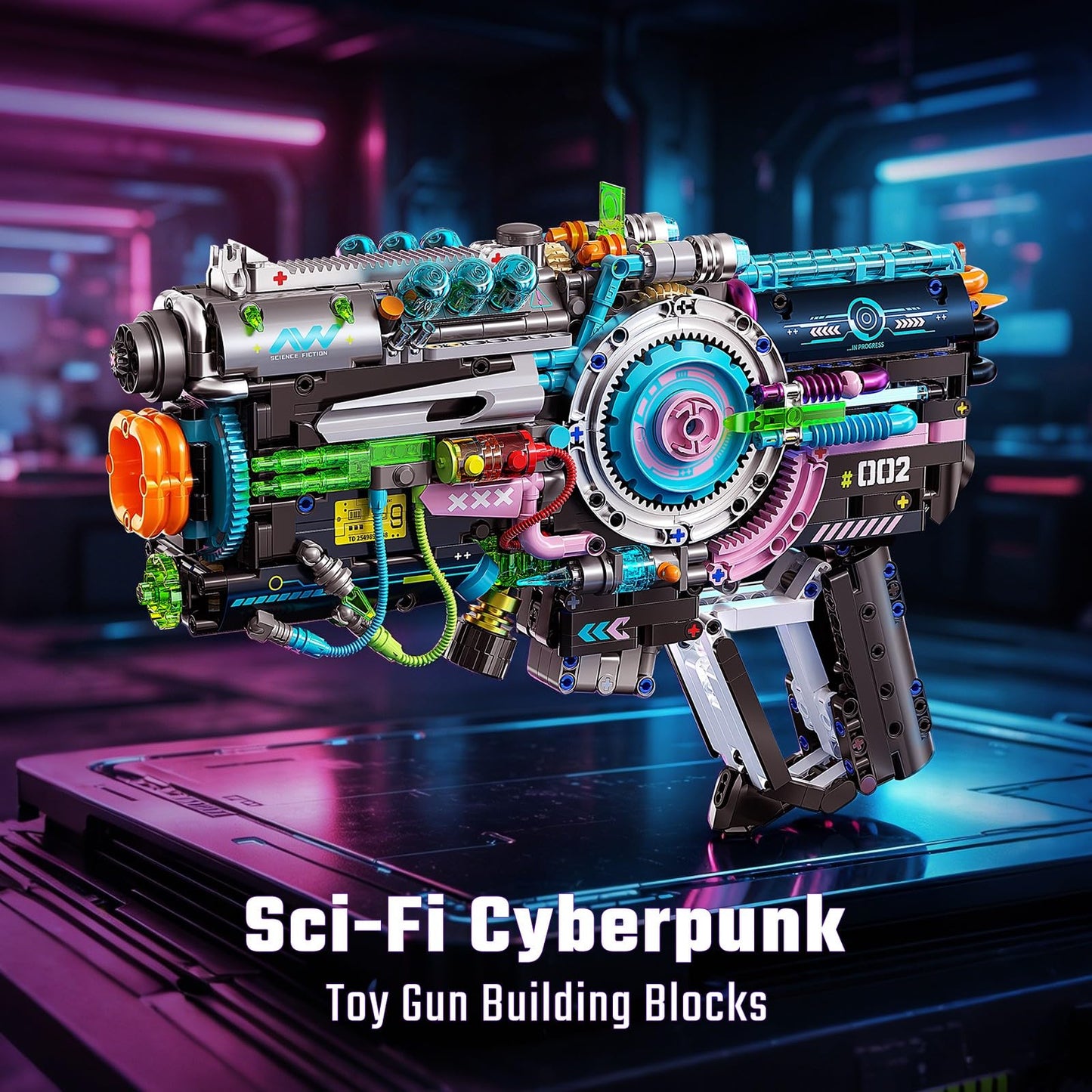 QiqoPoyee Cyberpunk Gun Building Set for Adults, Futuristic Mechanical Construction Kit with LED Lights, Sci-Fi Collectible STEM Toy Model Kit Gift for Teens Ages 8–12 and 14+ (1457PCS)