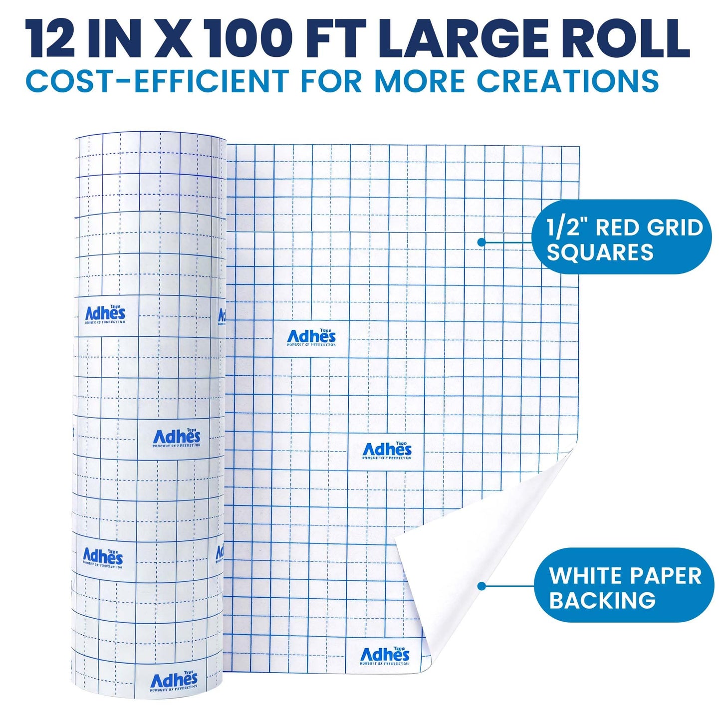 ADHES Premium Crystal Clear Transfer Tape for Vinyl with Grid, 12" x 100FT, No Stretch PET Transfer Paper Roll, Precision Application Tape for Cricut, Small Designs & Detailed Graphics