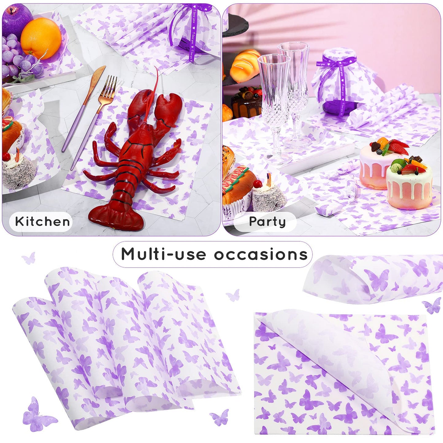 150 Pcs Wax Paper Sheets 7.8 x 9.8 Inche for Food Butterfly Deli Baking Wrapping Wax Paper Sheets Greaseproof Picnic Wrap Tissue for Hamburger Basket Sandwich Holiday Birthday Party Dessert(Purple)