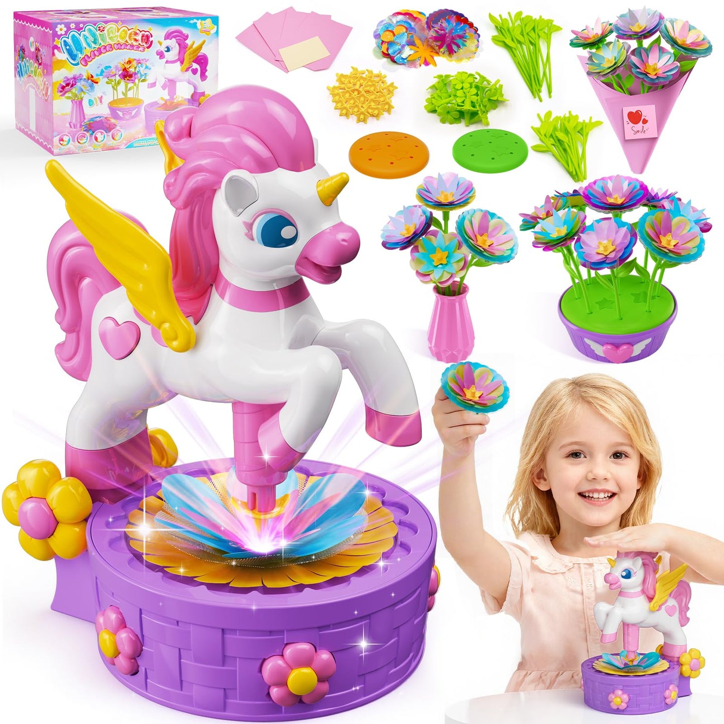 Zmpolir Craft Kits, Push-to-Create Bouquet Maker, Unicorn Toys for Girl Age 3-12, Fabric Bouquet Toys, Kids DIY Arts and Crafts Kit, Creative Birthday Gifts for 3 4 5 6 7 8 9 10 11 12 Year Old Girls