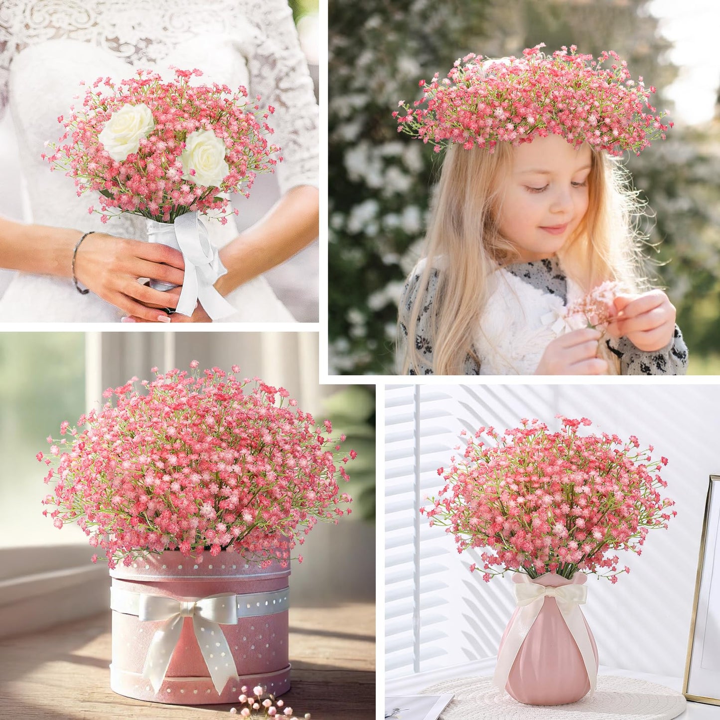 N&T NIETING Babys Breath Artificial Flowers Bulk, 24Pcs Fake Gypsophila Bouquet Flowers Real Touch Faux Babies Breath Arrangement for Wedding Floral Party Home Centerpieces Vase Decoration, Pink