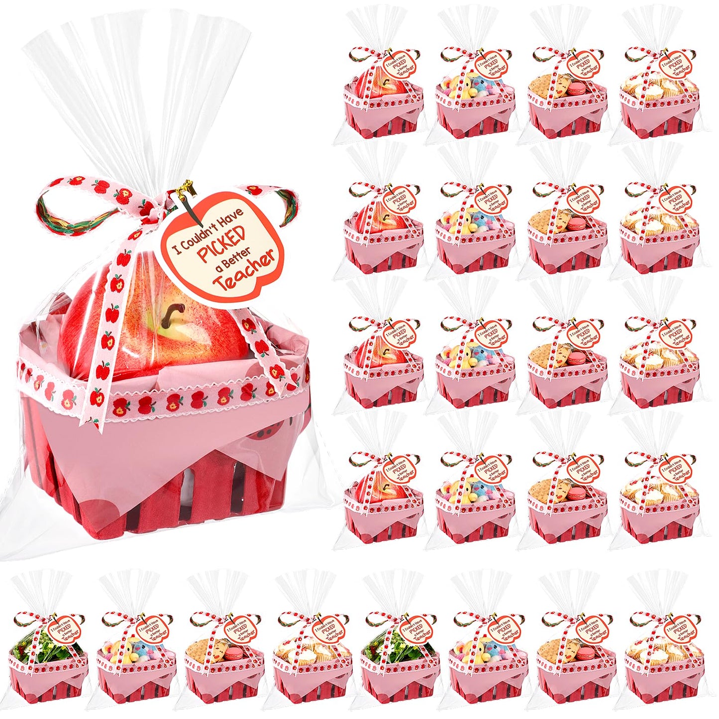 Mimorou 24 Set DIY Teacher Appreciation Gift Basket Kit Mini Apple Treat Baskets Empty Bulk 4.3 Inch for Candy Snack Cookie, Small Thank You Teacher Gifts for End of Year Classroom Party Favors