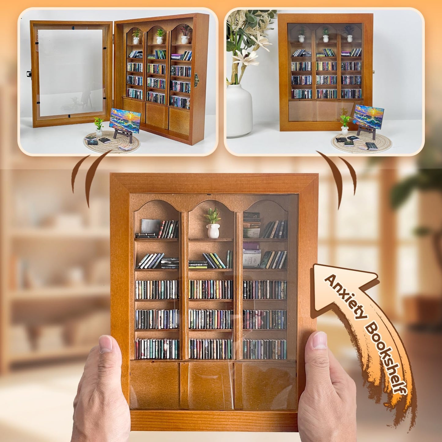 KALOPEZY Mini Bookshelf for Desk with 260 Tiny Books, DIY Anxiety Relief Wooden Book Nook Kit with Side Door, Acrylic Display Case with Easel Plant Rug, Stress Relief Decor Gift for Book Lovers Women