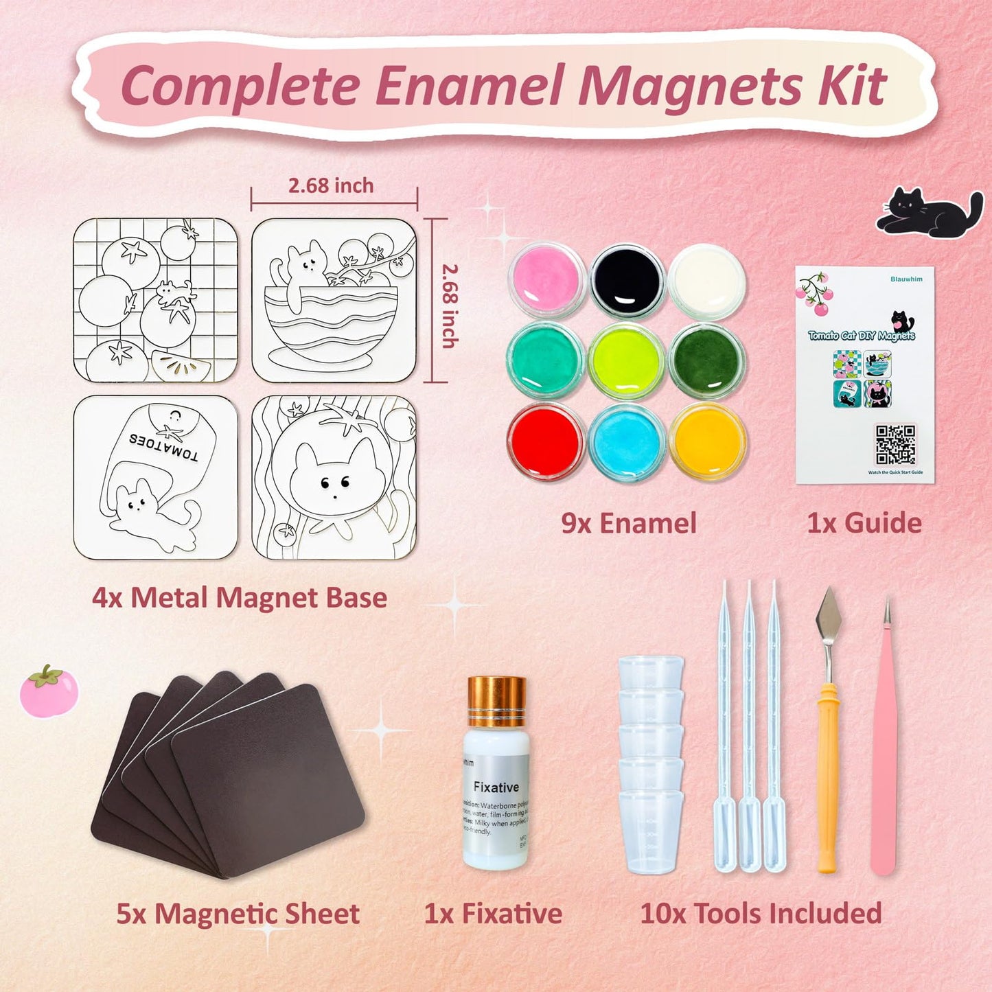 Blauwhim DIY Magnets Craft Kits, Cloisonne Style Enamel Arts and Crafts for Adult, Cute Tomato Cat Design, Beginner Friendly, Birthday Valentine’s Day Gifts for Girls, Teens, Adults, Families
