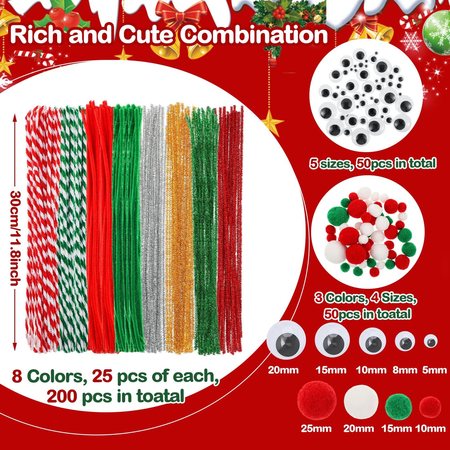 Juexica 300 Pcs Christmas Pipe Cleaners Craft Set Including Glitter Chenille Stems Poms Self Adhesive Wiggle Googly Eyes Creative Arts Chenille Stems for Christmas Decoration DIY Art Craft (Assorted)
