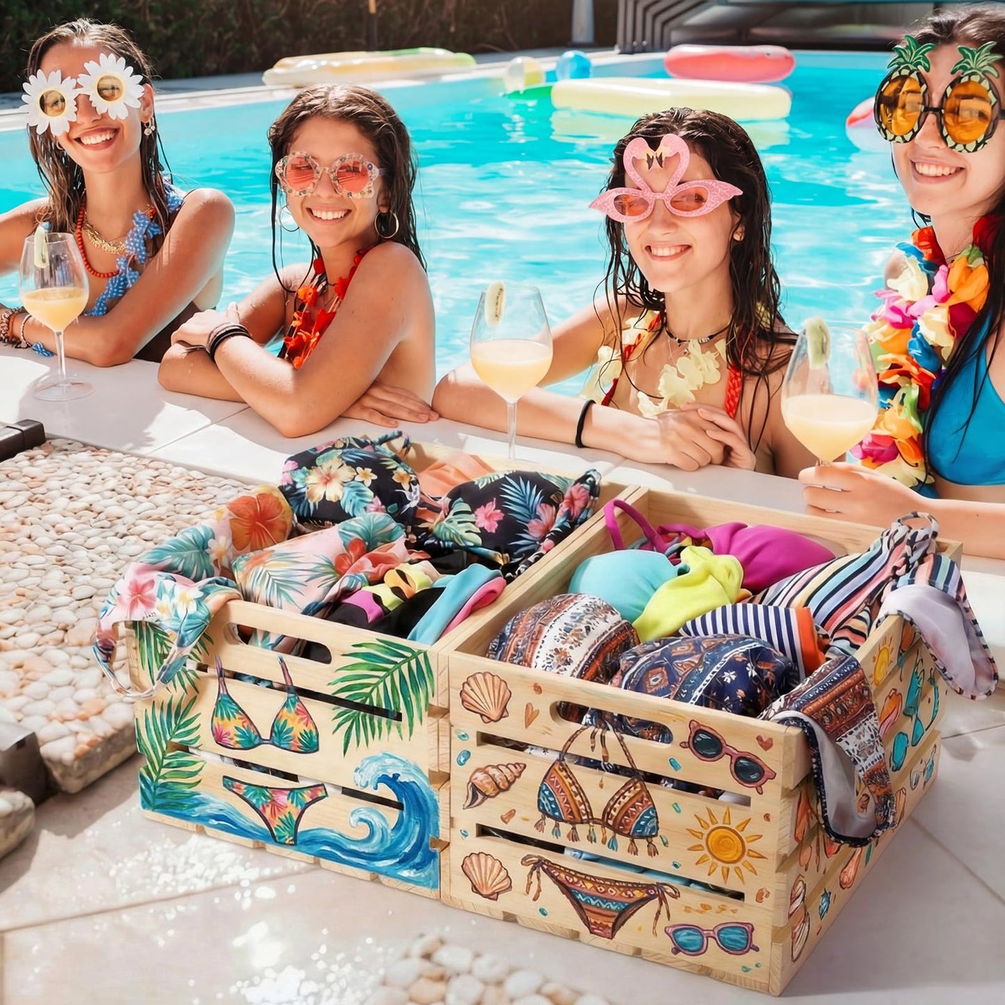 BreezeHug 2 Pack DIY Bikini Box Kit 16.1x11.8x9.4 Inch Unfinished Wooden Crate with 4 Sets of 12 Color Paint 2 Brushes 1 Palette 1 Pack for Custom Beach Themed Crafts Organization