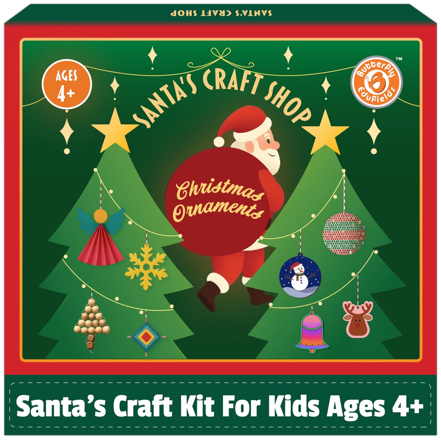 Butterfly EduFields Santa’s Craft Christmas Activity Kit | Holiday Arts & Crafts Set for Kids Ages 4 5 6 7 8 | Make 20+Ornaments with Wood Painting, Bead Crafts & Gem Art | Christmas Decoration Kit