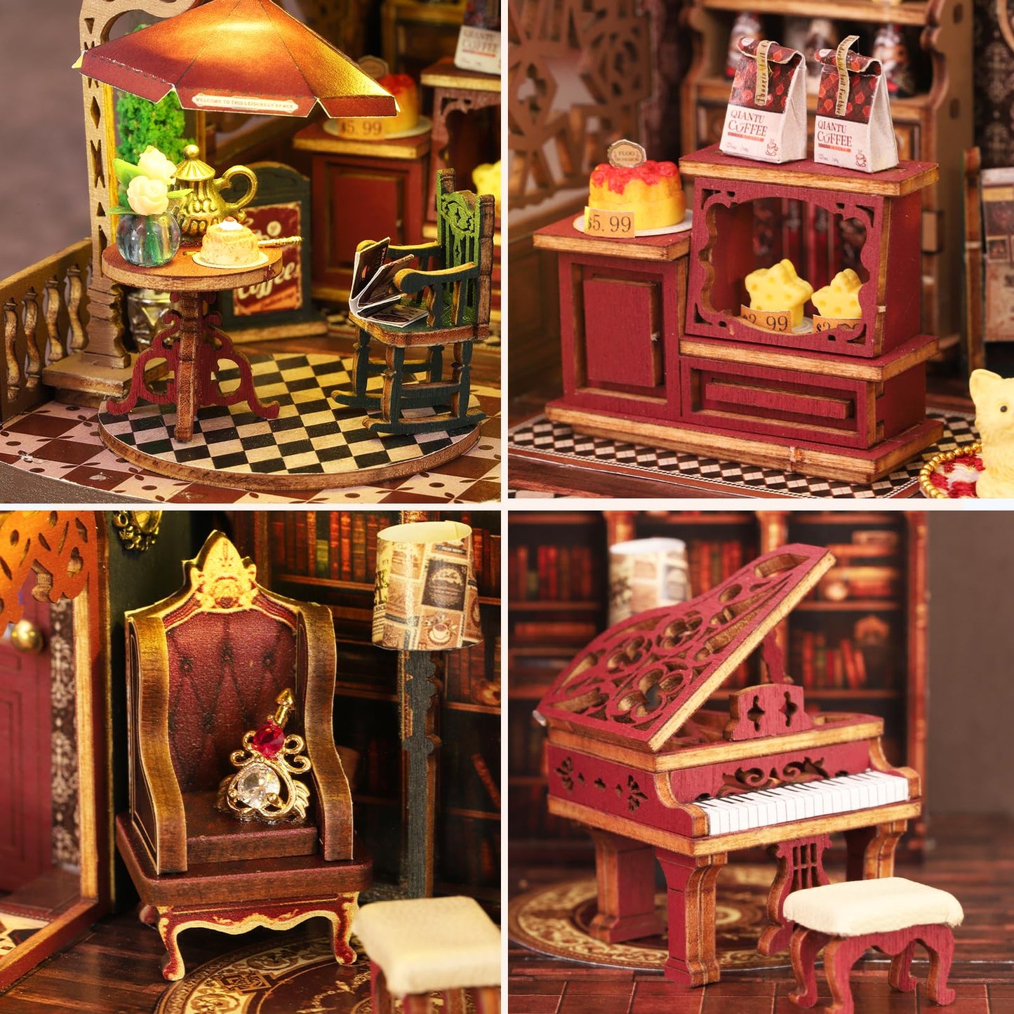 Plustopoy DIY Miniature House Kit - 3D Wooden Puzzle Bookshelf Decor with Furniture & LED Light, Dollhouse Kit Creative Craft Building Set for Adults, for Women Men
