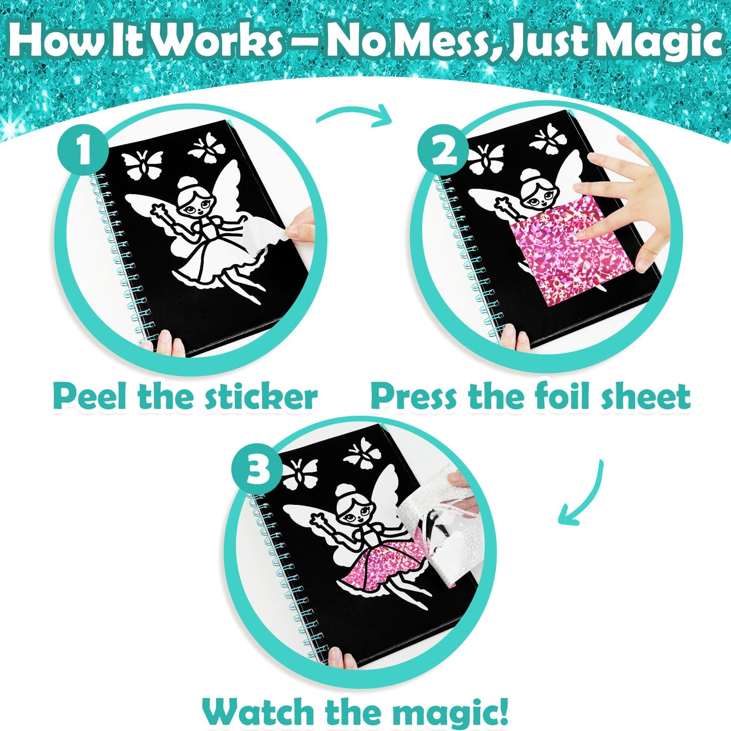 FUNNYB&G Foil Art Craft Kit for Girls 4-10 Years Old: Mess-Free & No-Glue, Create 16 Sparkly Fairy Pictures – Perfect Travel Toy & Birthday Gift for Kids（Fairy）
