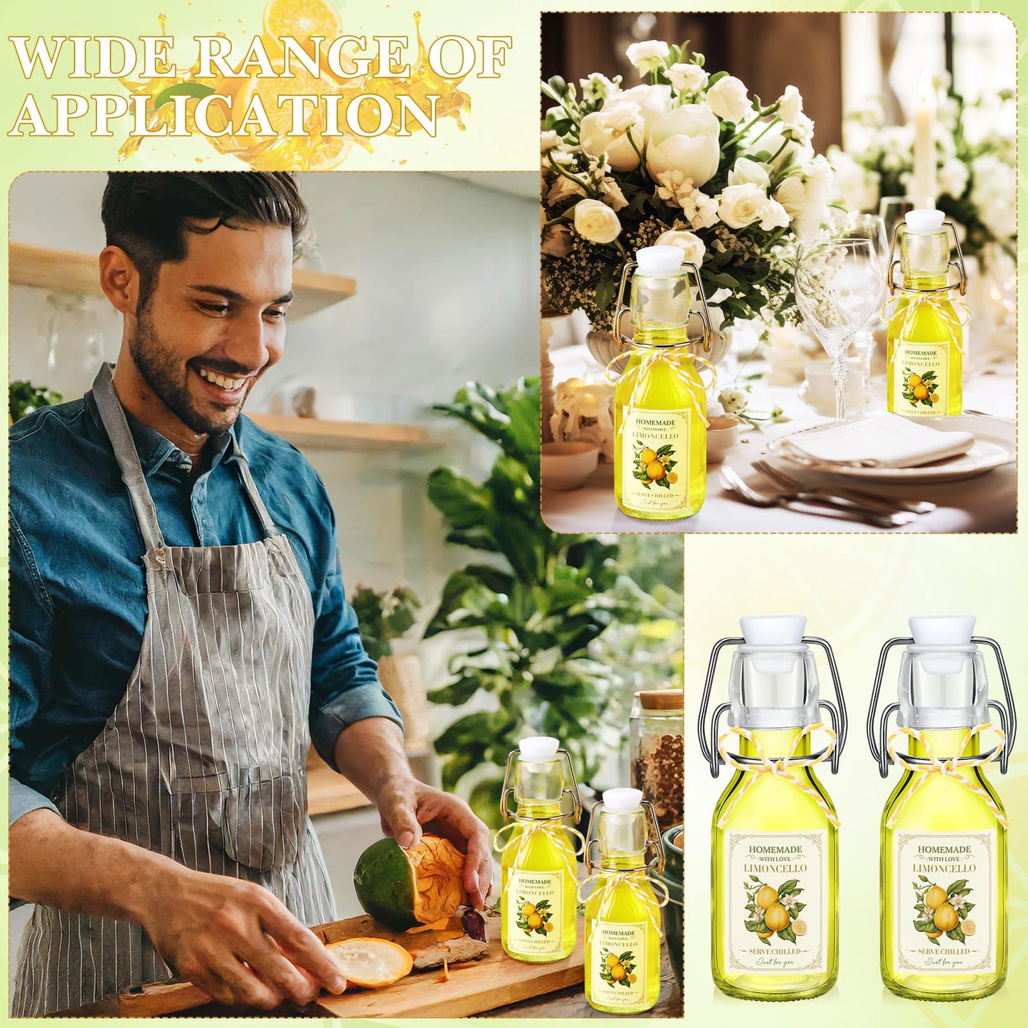 Havawish 20 Sets 4 oz Limoncello Bottles Swing Top Glass Bottles for Homemade Clear Flip Top Mini Limoncello Bottle with Labels Airtight Cap Lids for Home Brewing Gifts Wedding Baby Shower Favors