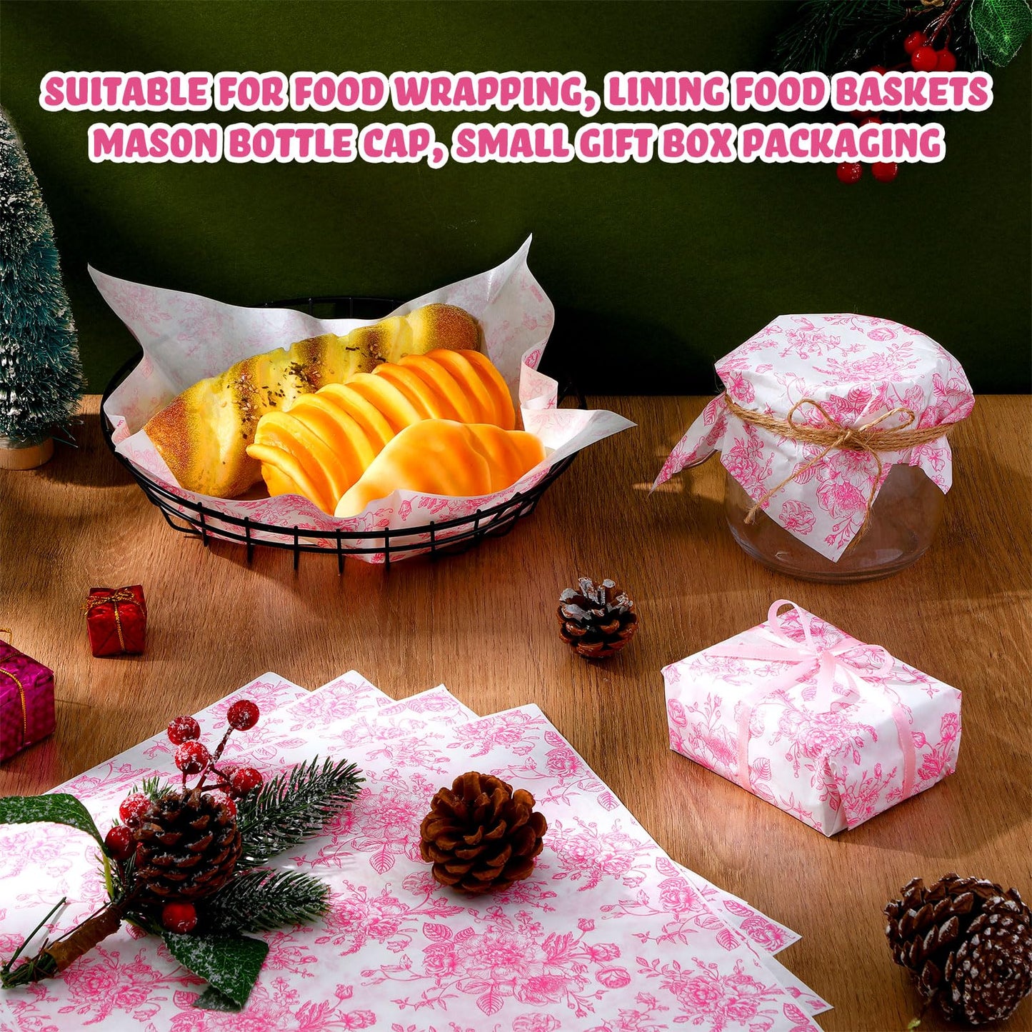 Marspark 100 Sheets Floral Wax Paper for Food Wrapping 11.4 x 11 Inches Spring Floral Food Basket Parchment Paper for Picnic Wedding Candy Cookies Baking Sandwich Burgers Greaseproof Wrapping(Pink)