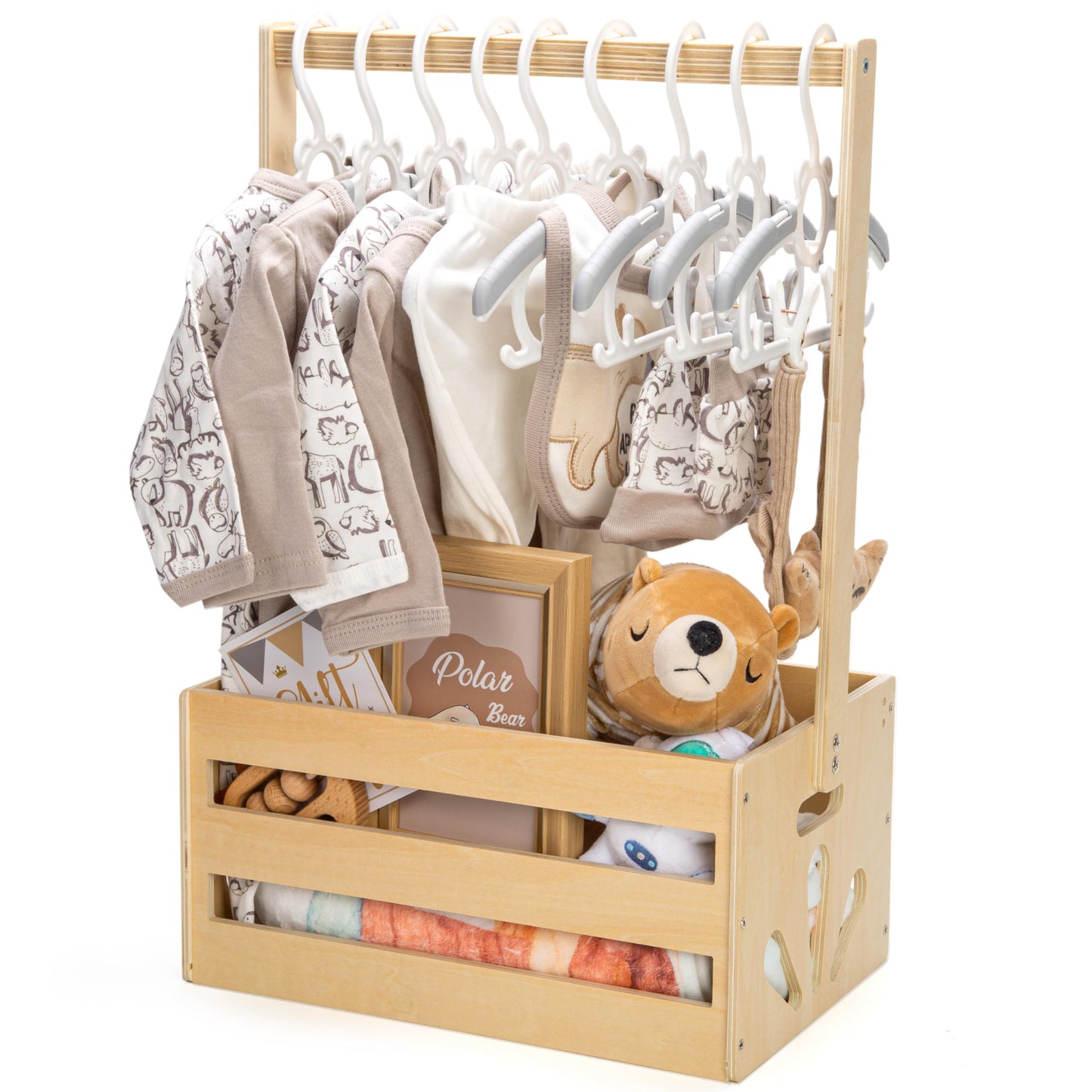 GiftAmaz Wooden Baby Shower Crate Closet, Baby Storage Crate Hamper with Handle, Basket for Baby Shower Gifts, Welcome Gift Basket for Newborn Boys Girls, Pregnancy Gifts for New Parents
