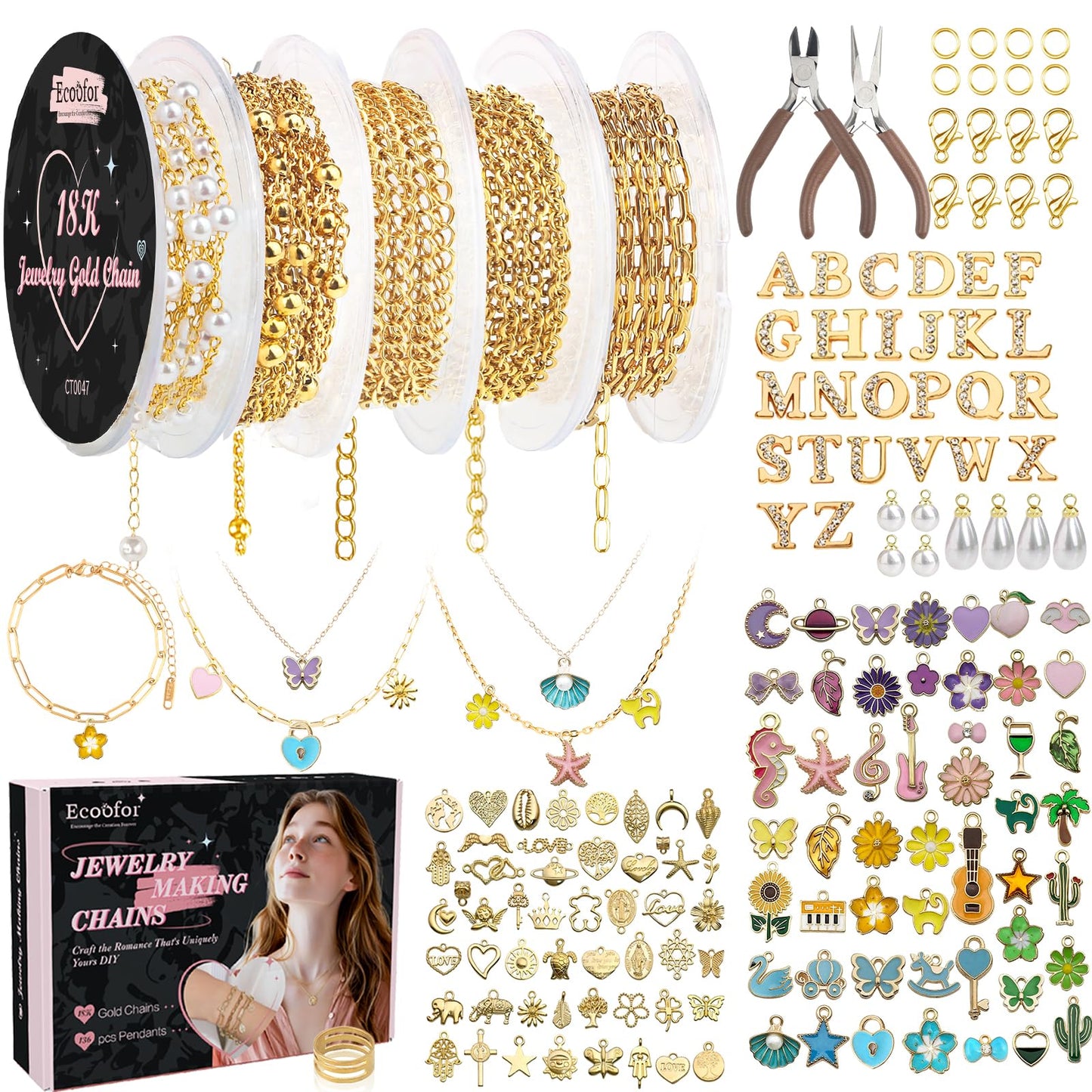 Ecoofor 18K Gold Jewelry Making Kit with Gift Box - 16.6ft 5 Rolls DIY Bracelet & Necklace Chains with 136 Pendants, Jump Rings, Lobster Clasps, Jewelry Pliers & Charm Making Kit, Christmas Gift