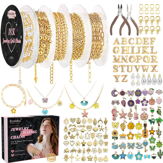 Ecoofor 18K Gold Jewelry Making Kit with Gift Box - 16.6ft 5 Rolls DIY Bracelet & Necklace Chains with 136 Pendants, Jump Rings, Lobster Clasps, Jewelry Pliers & Charm Making Kit, Christmas Gift