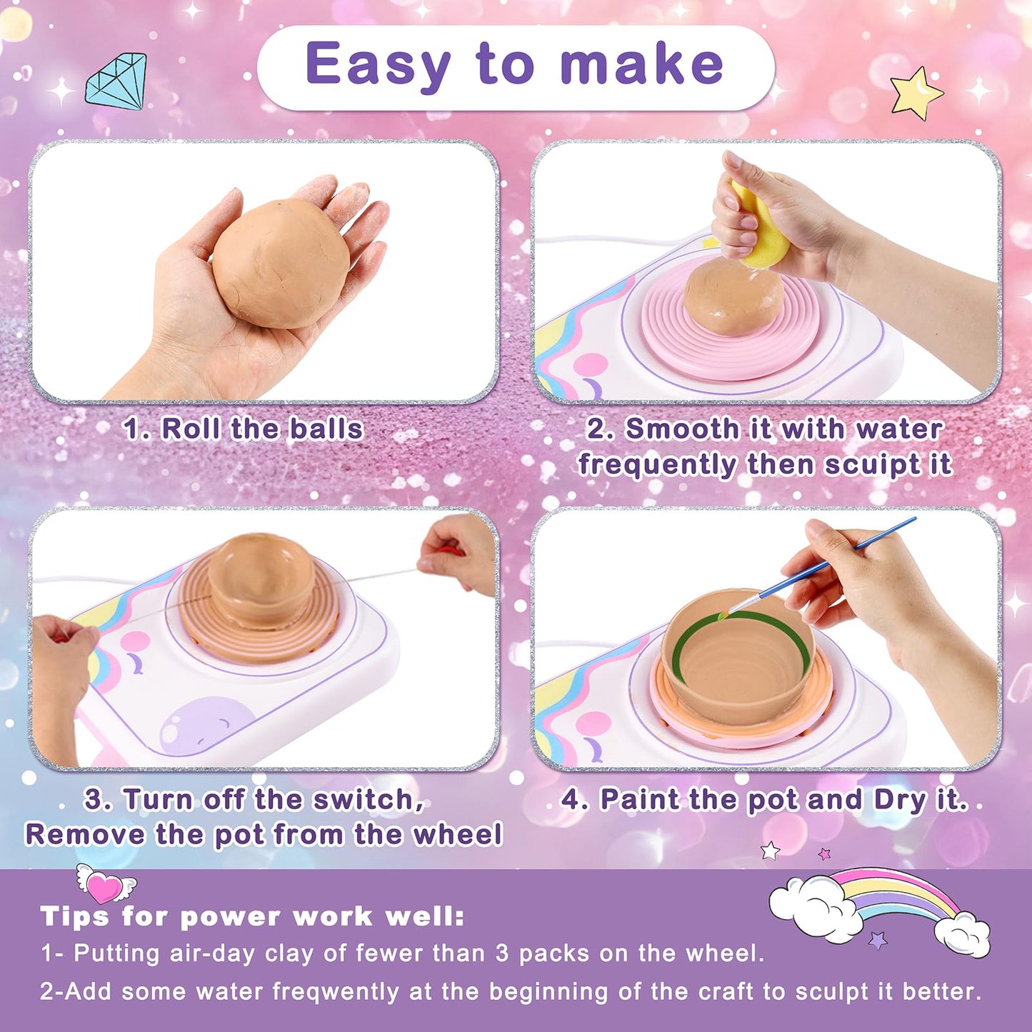 weirtoya Pottery Wheel for Kids, Girls Arts and Crafts Toys for Kids Ages 8-12,Pottery Craft Kit with 3 Pack Air-Dry Clay, Art Supplies for Kids Toys Girls Birthday Gift for 6 7 8 9 10 11 12+